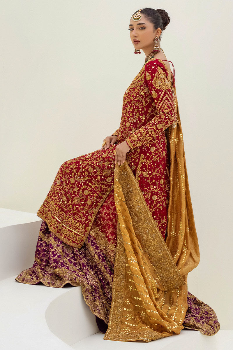 Pakistani Maroon Zardozi Velvet Lehenga (3-Piece) - Image 5