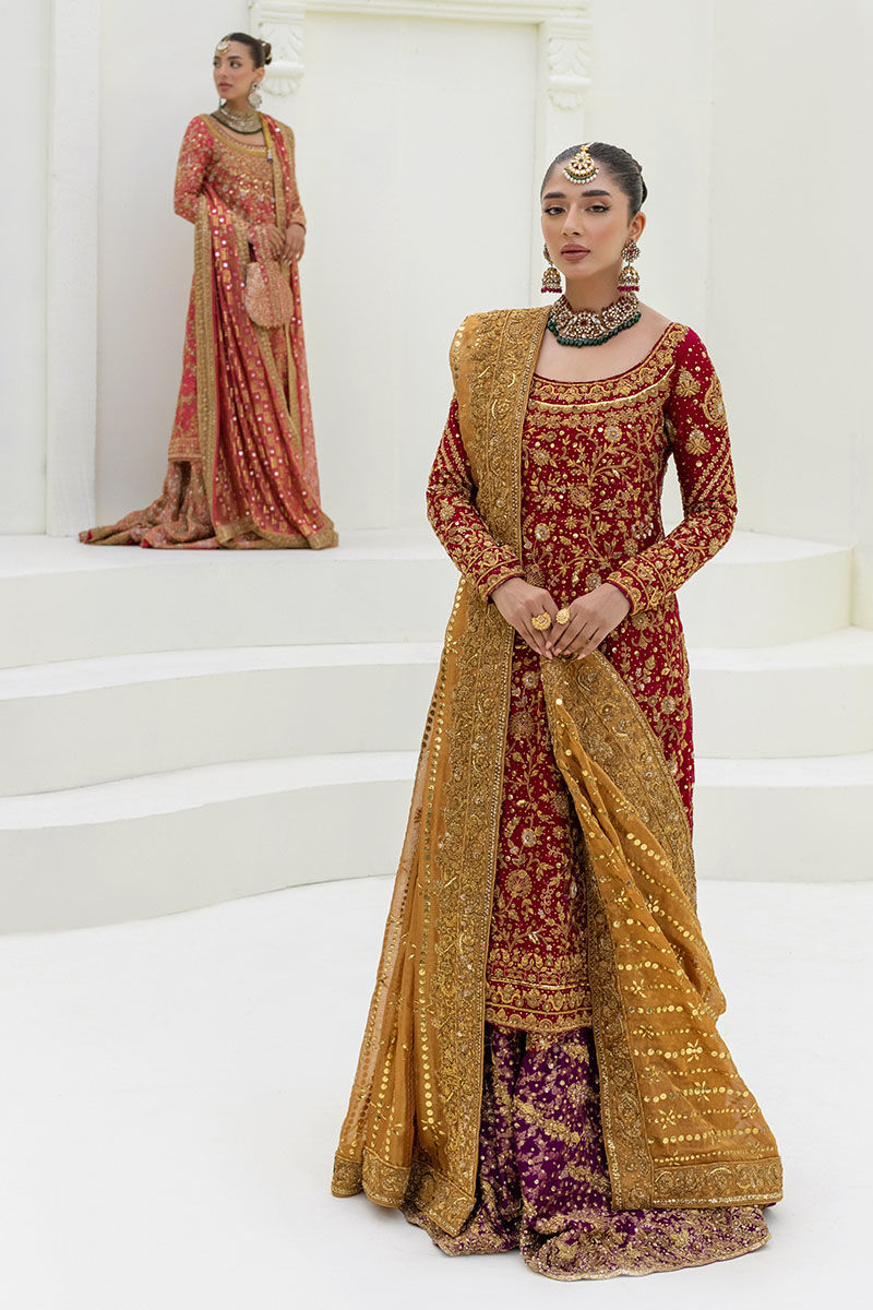 Pakistani Maroon Zardozi Velvet Lehenga (3-Piece) - Image 6