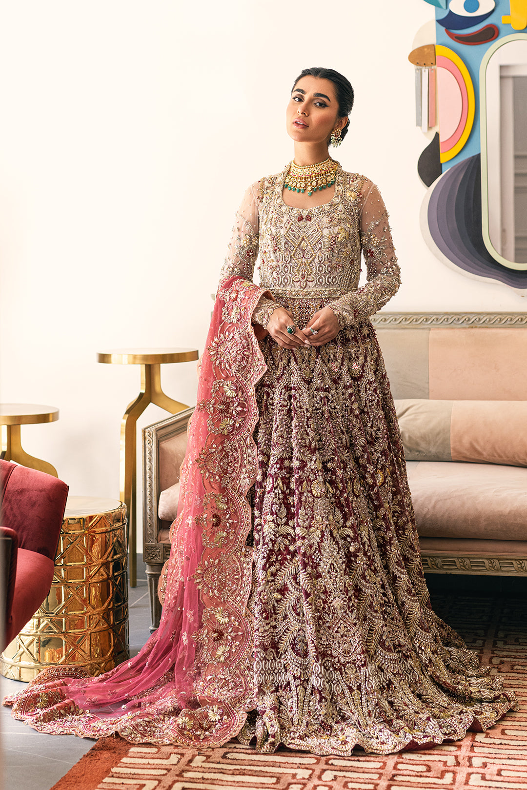 Deep Maroon Gold Embellished Velvet Bridal Lehenga (3-Piece) - Image 1