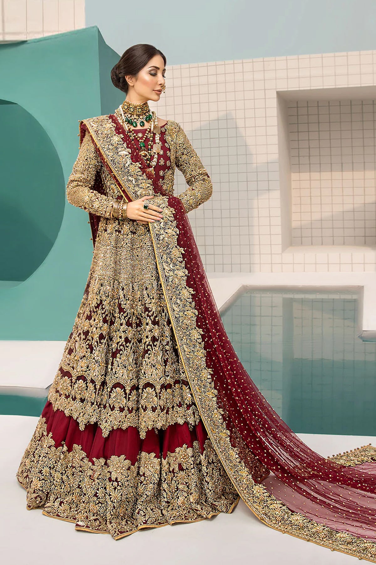 Pakistani Deep Maroon Embroidered Velvet Bridal Lehenga (3-Piece) - Image 1