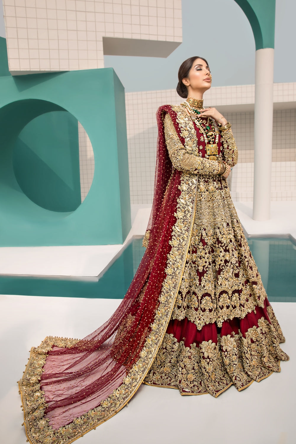 Pakistani Deep Maroon Embroidered Velvet Bridal Lehenga (3-Piece) - Image 2
