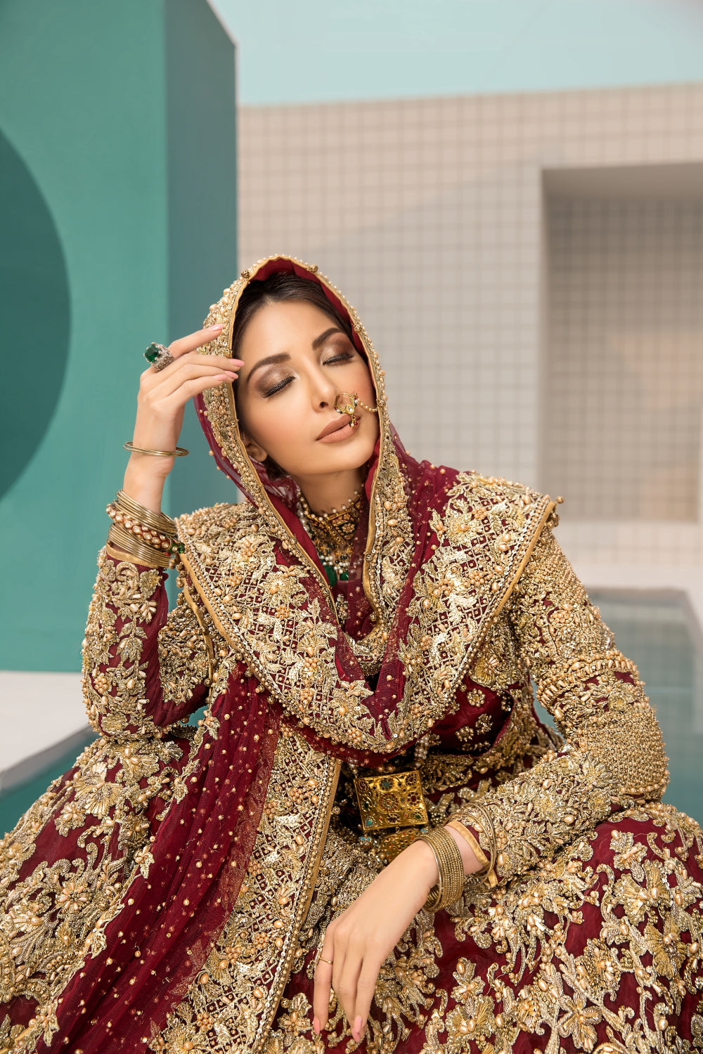 Pakistani Deep Maroon Embroidered Velvet Bridal Lehenga (3-Piece) - Image 3