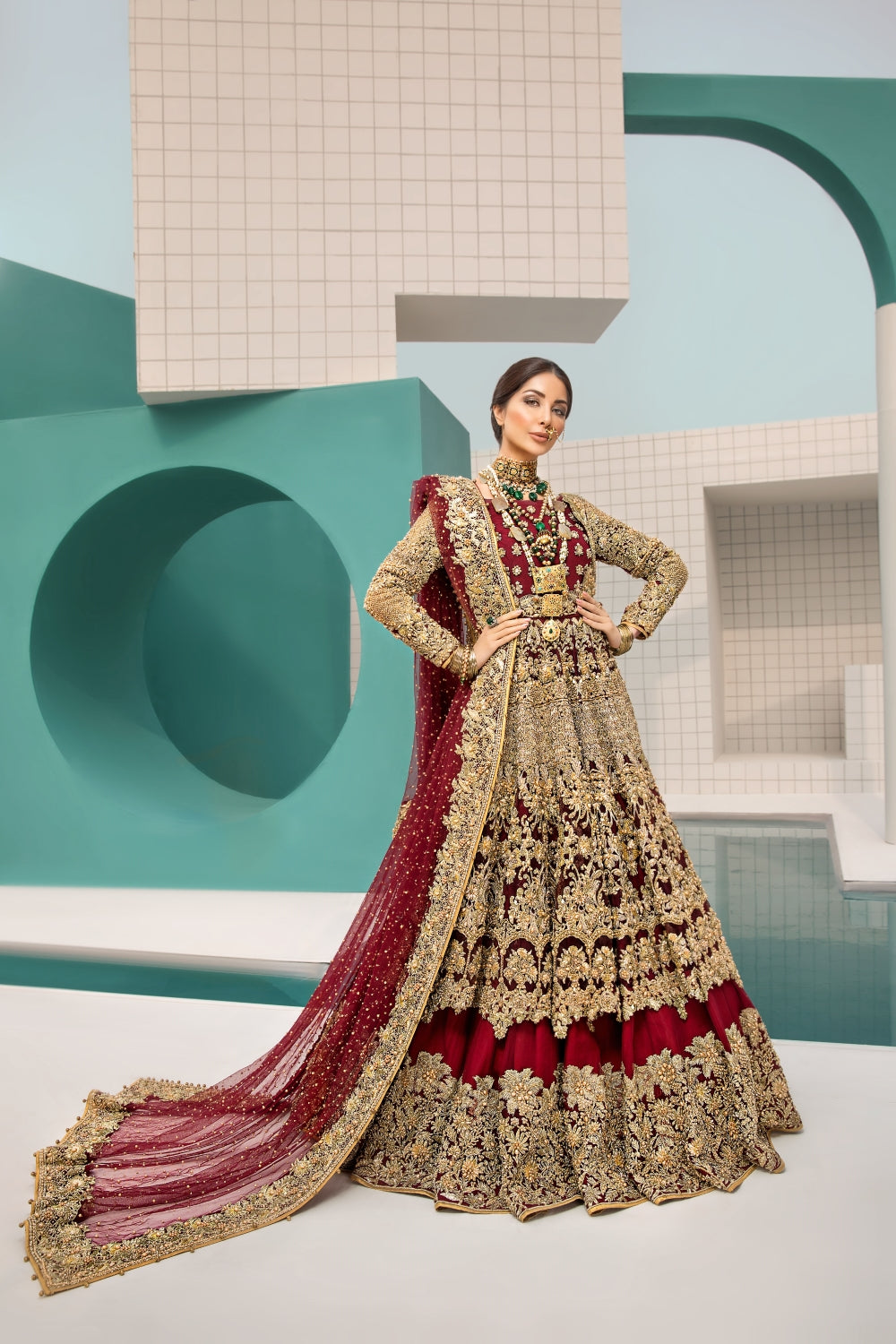 Pakistani Deep Maroon Zardozi Velvet Silk Bridal Lehenga (3-Piece) - Image 4