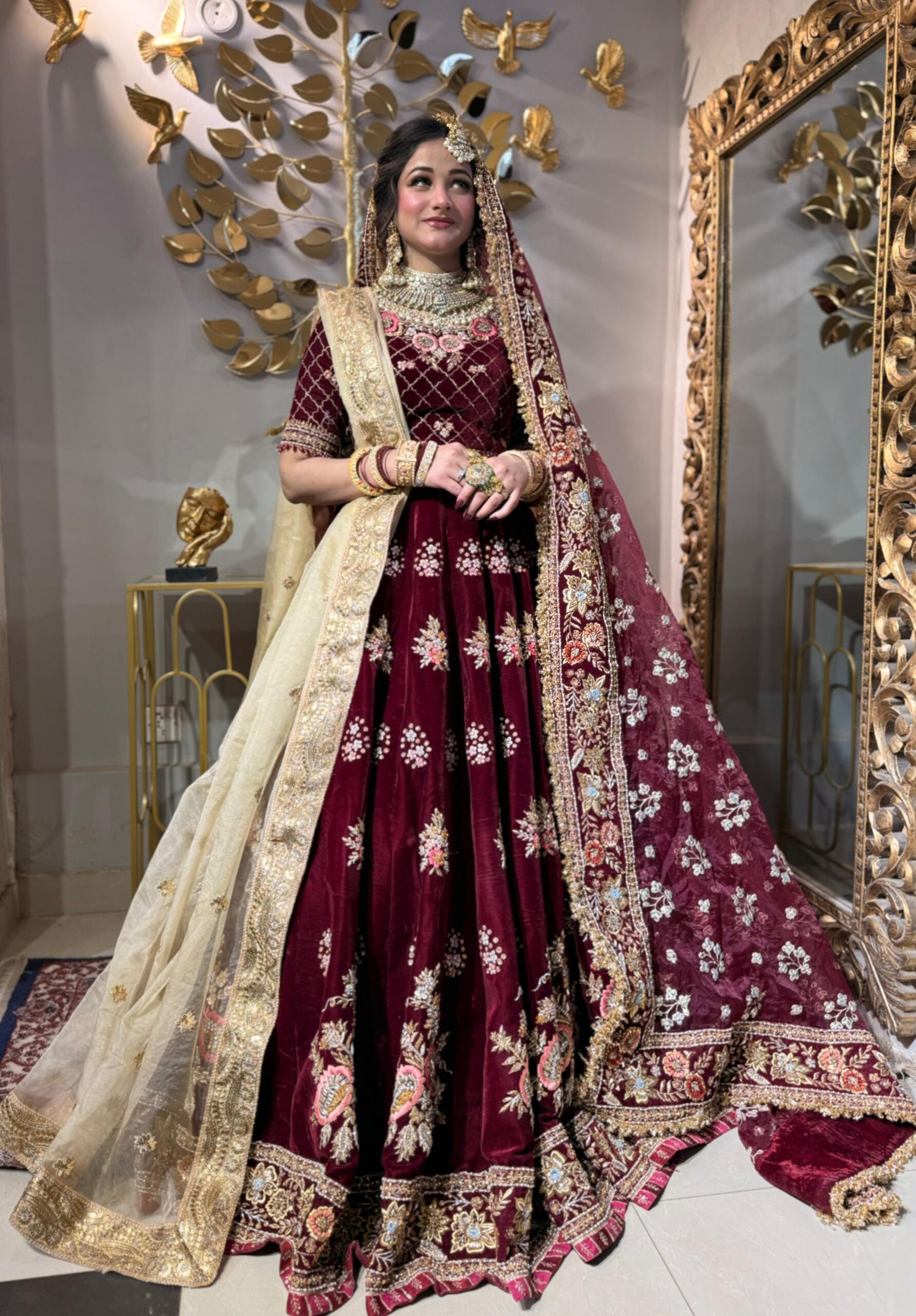 Pakistani Deep Maroon Embroidered Velvet Lehenga (3-Piece) - Image 1