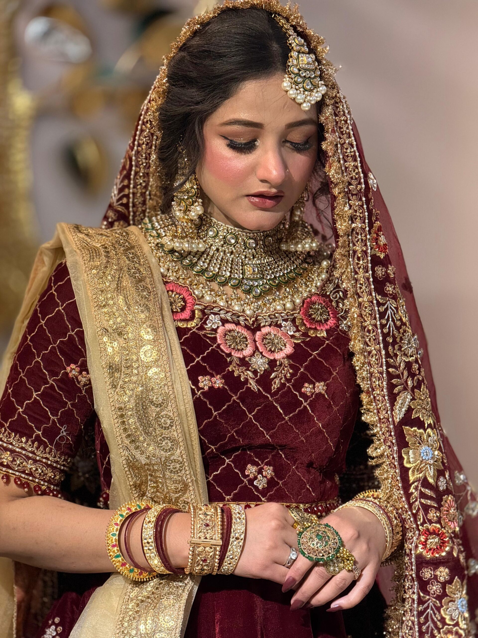 Pakistani Deep Maroon Embroidered Velvet Lehenga (3-Piece) - Image 2