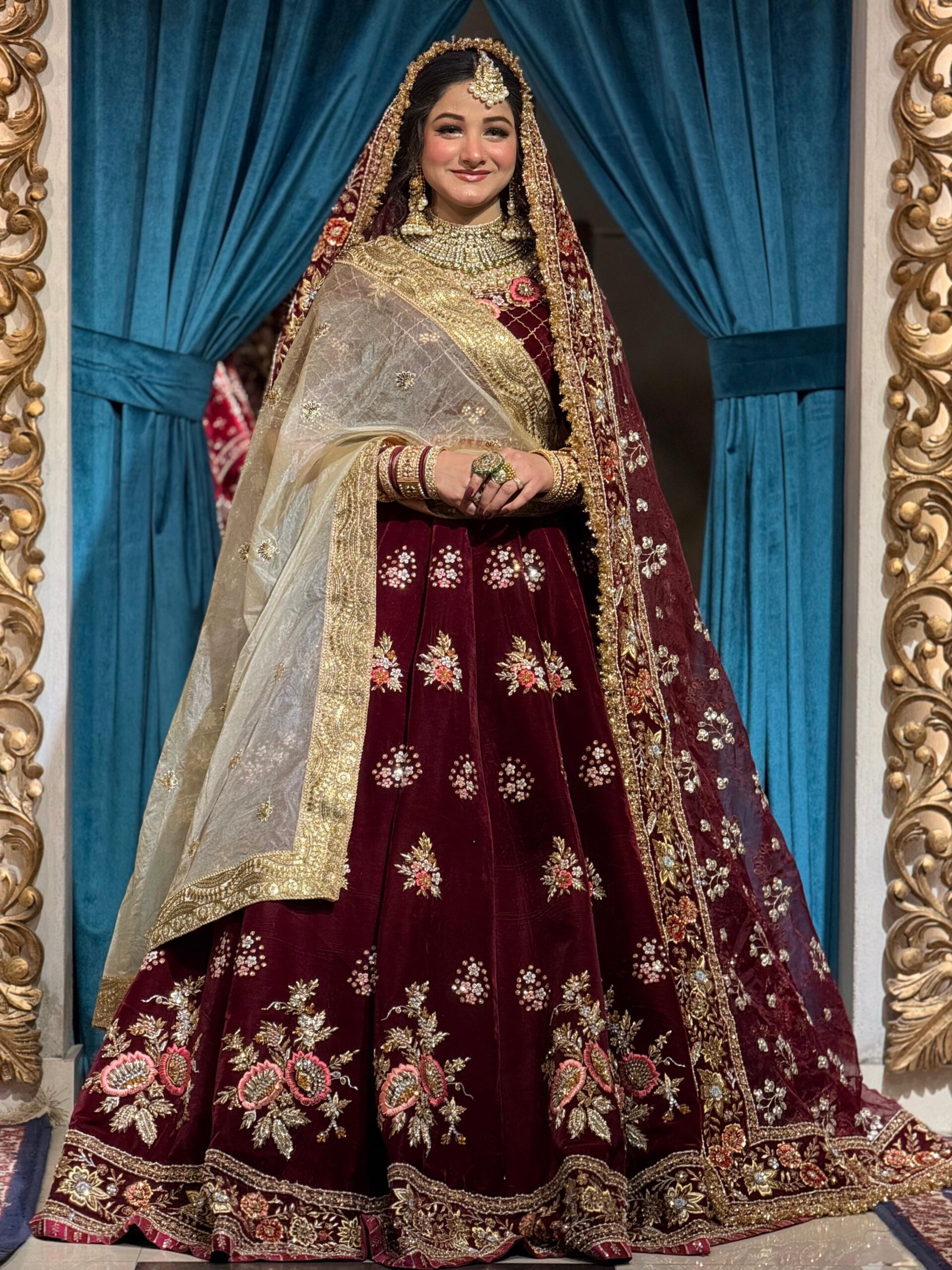 Pakistani Deep Maroon Embroidered Velvet Lehenga (3-Piece) - Image 3