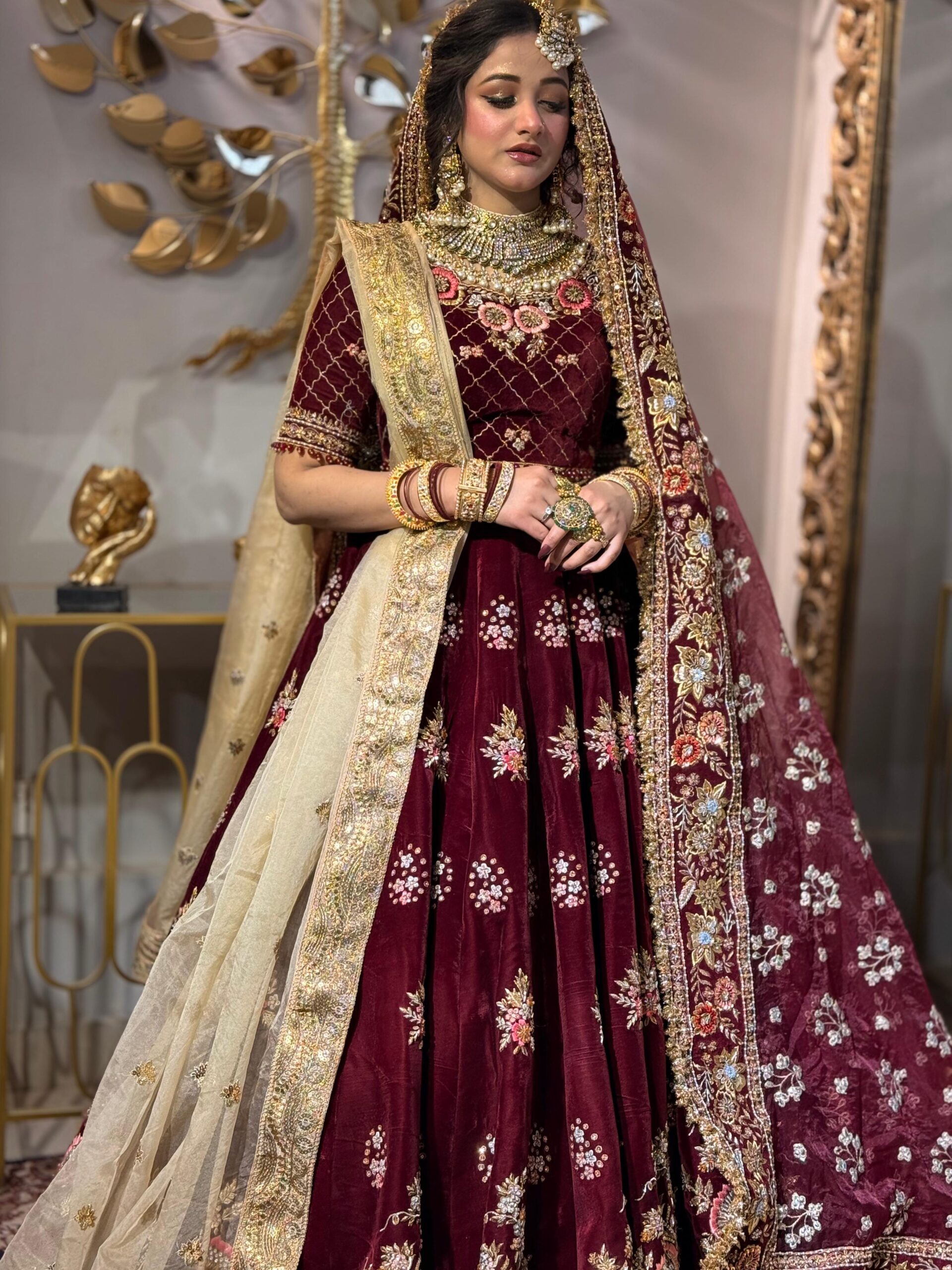 Pakistani Deep Maroon Embroidered Velvet Lehenga (3-Piece) - Image 4