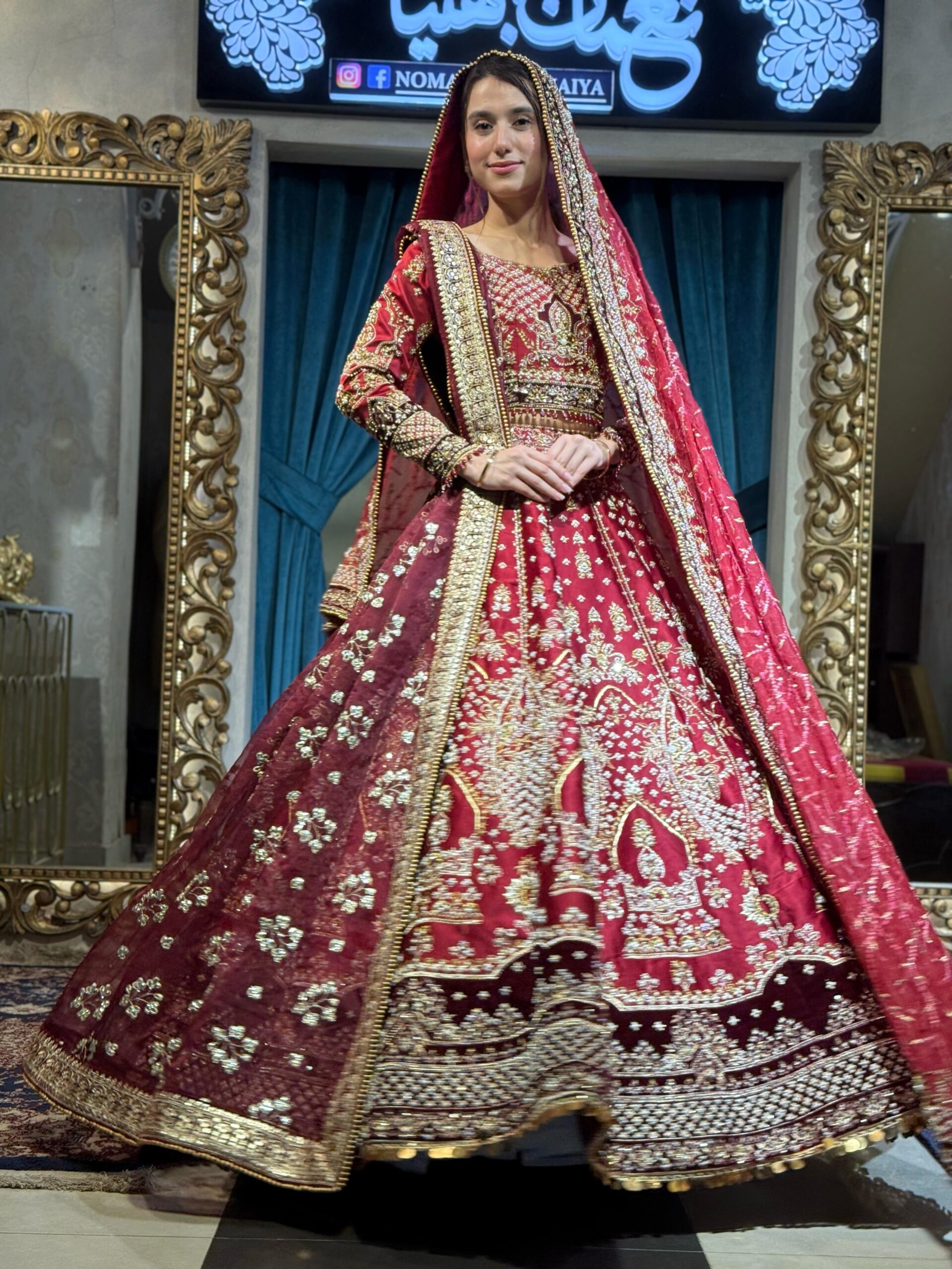Deep Maroon Embroidered Velvet Lehenga (3-Piece) - Image 1