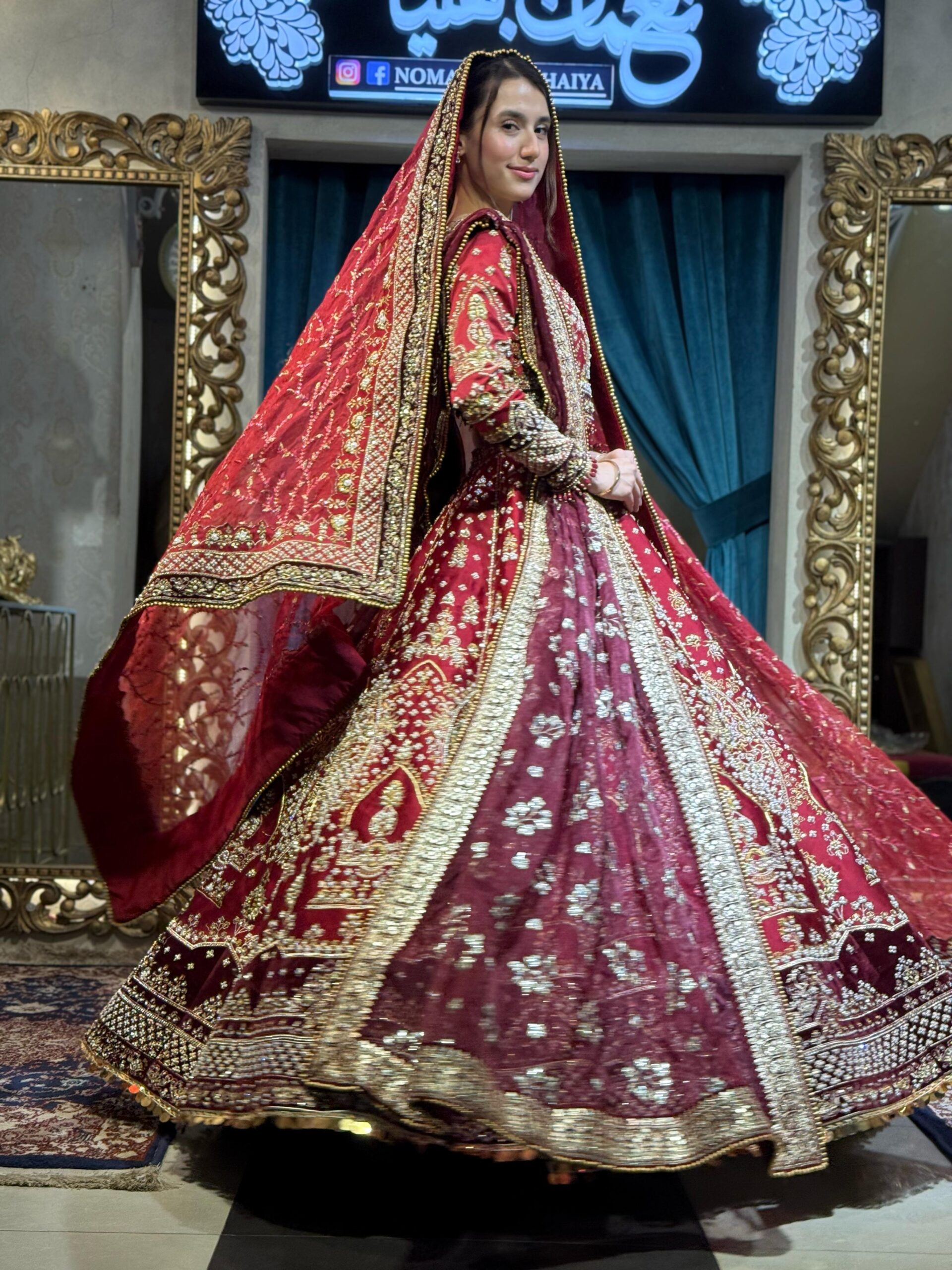 Deep Maroon Embroidered Velvet Lehenga (3-Piece) - Image 3