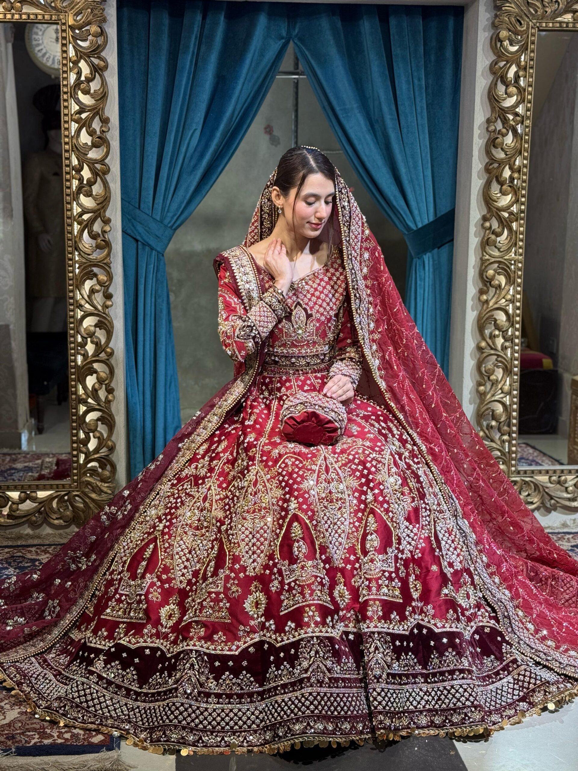 Deep Maroon Embroidered Velvet Lehenga (3-Piece) - Image 4
