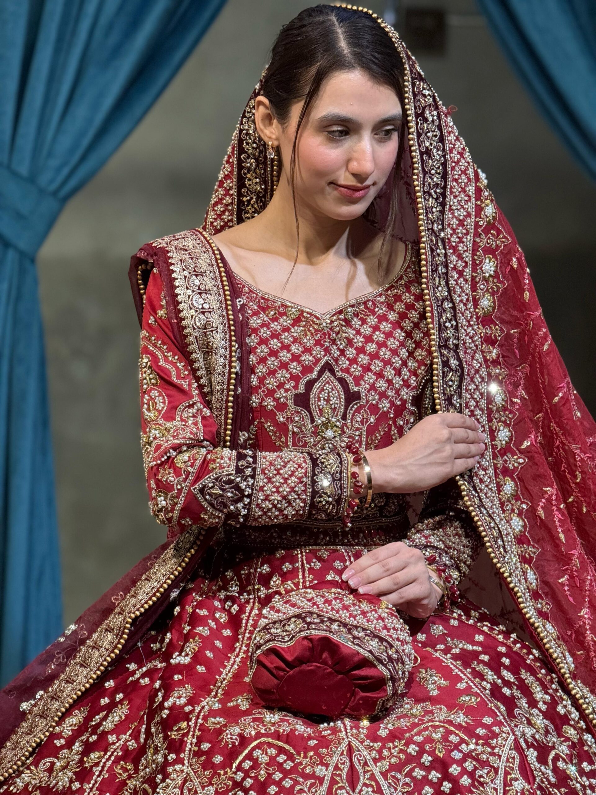 Deep Maroon Embroidered Velvet Lehenga (3-Piece) - Image 5