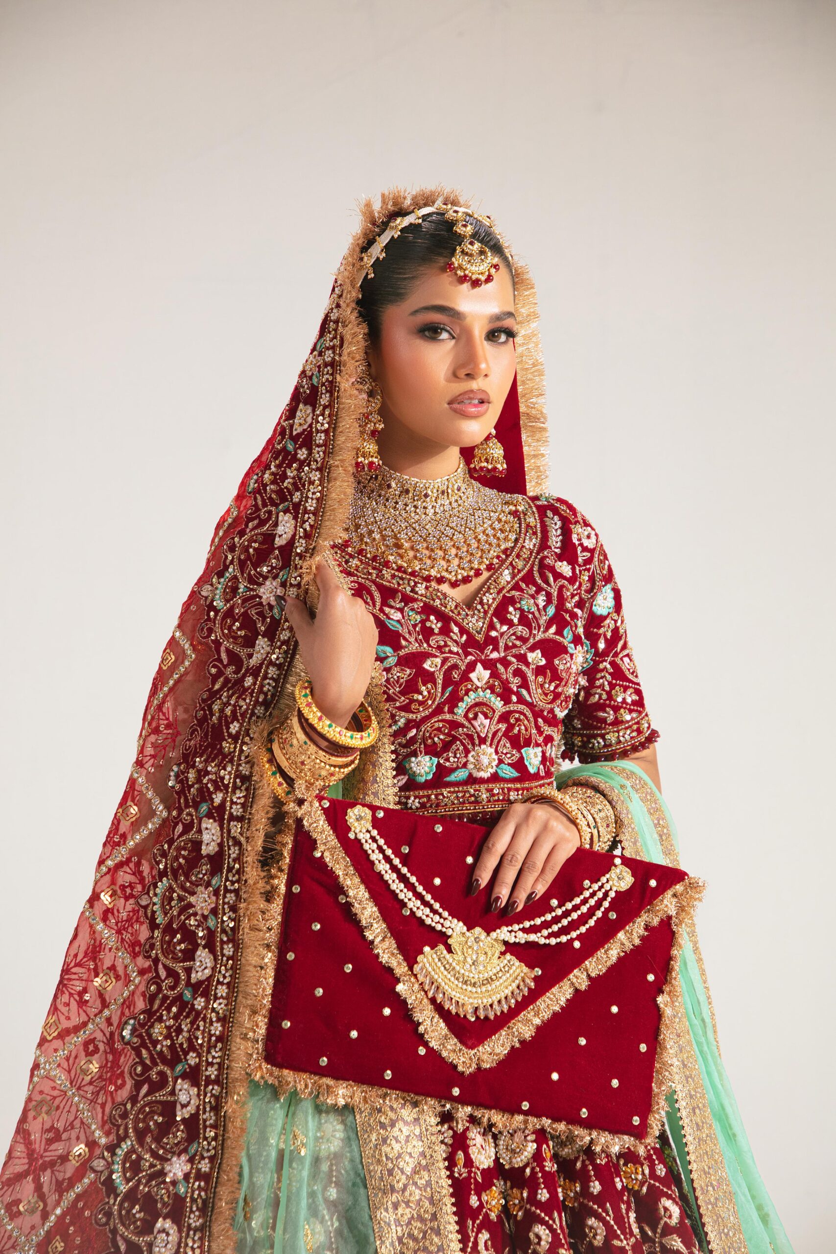 Deep Maroon Embroidered Velvet Lehenga (3-Piece) - Image 2