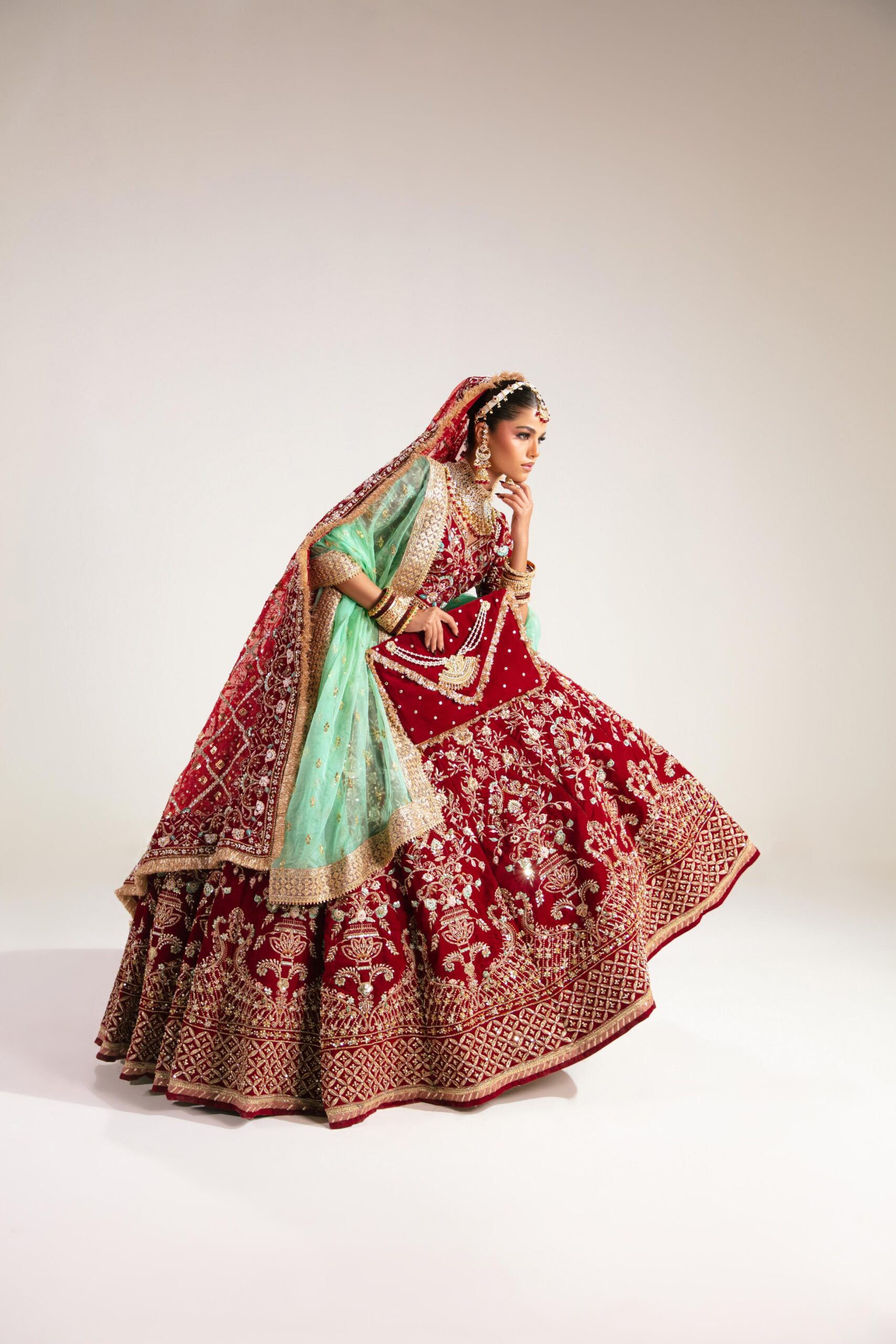 Deep Maroon Embroidered Velvet Lehenga (3-Piece) - Image 3