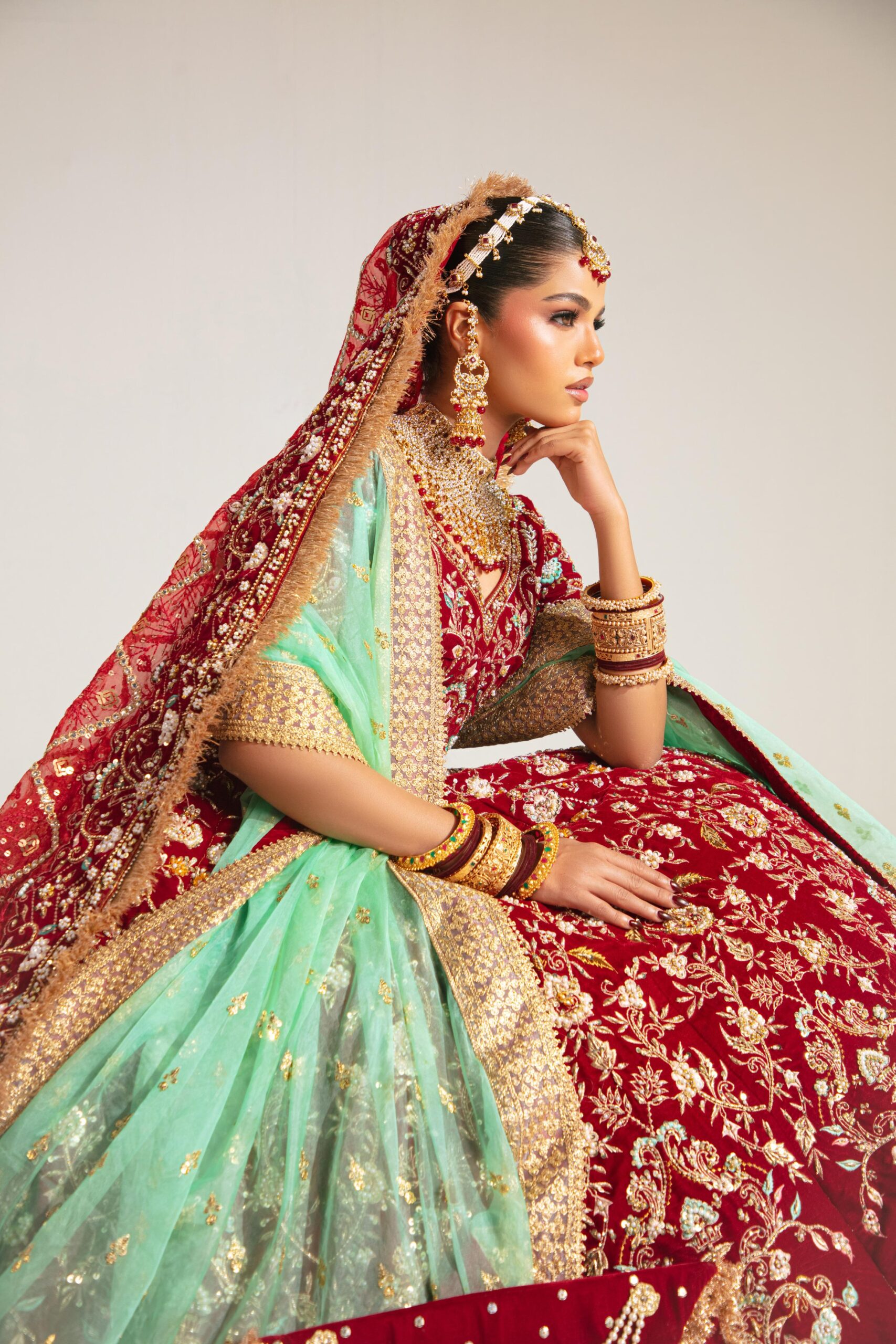 Deep Maroon Embroidered Velvet Lehenga (3-Piece) - Image 4