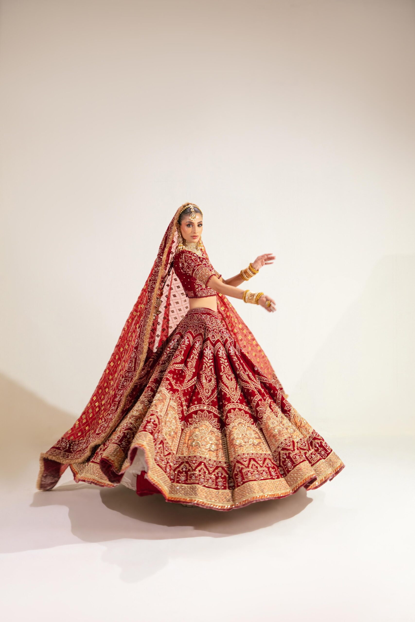 Pakistani Deep Maroon Embroidered Velvet Lehenga (3-Piece) - Image 1