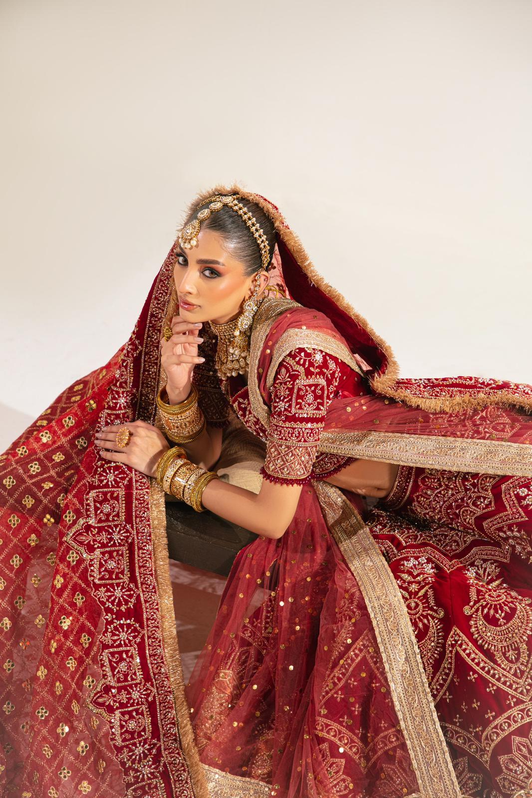 Pakistani Deep Maroon Embroidered Velvet Lehenga (3-Piece) - Image 2