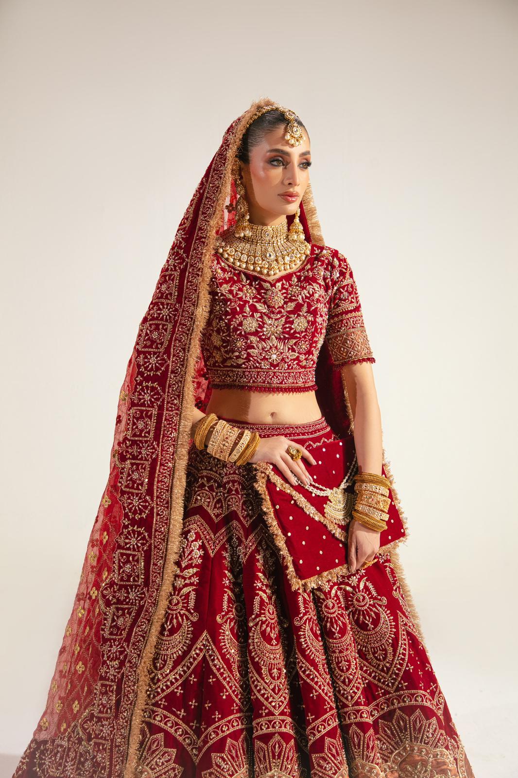 Pakistani Deep Maroon Embroidered Velvet Lehenga (3-Piece) - Image 3