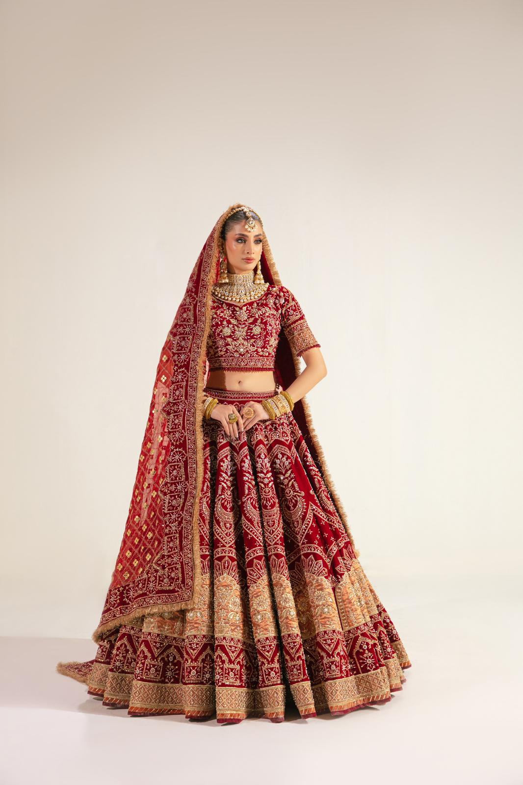 Pakistani Deep Maroon Embroidered Velvet Lehenga (3-Piece) - Image 4