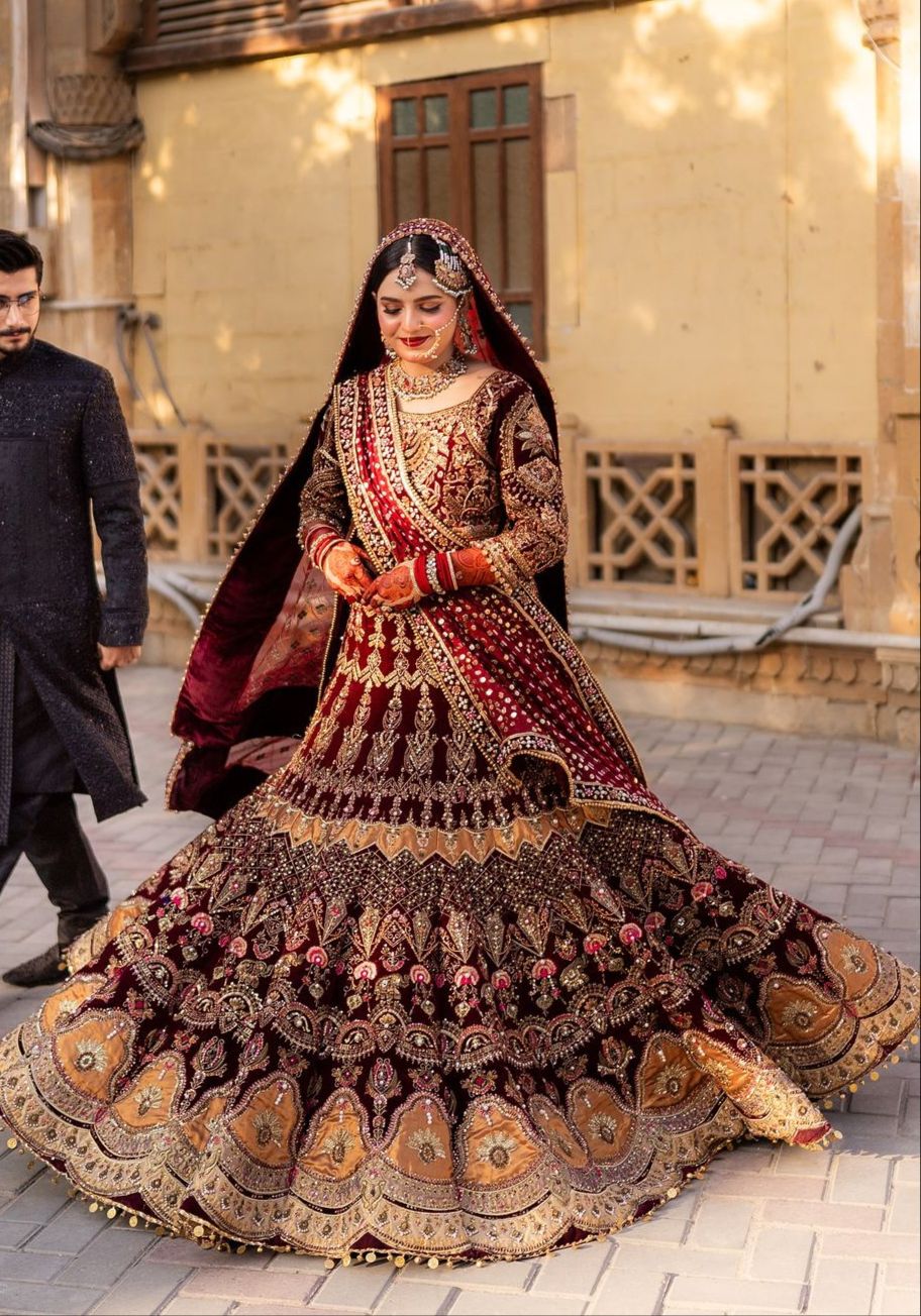 Deep Maroon Embroidered Velvet Lehenga Choli (3-Piece) - Image 1