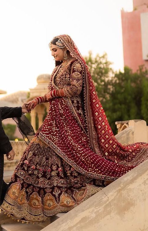 Deep Maroon Embroidered Velvet Lehenga Choli (3-Piece) - Image 3