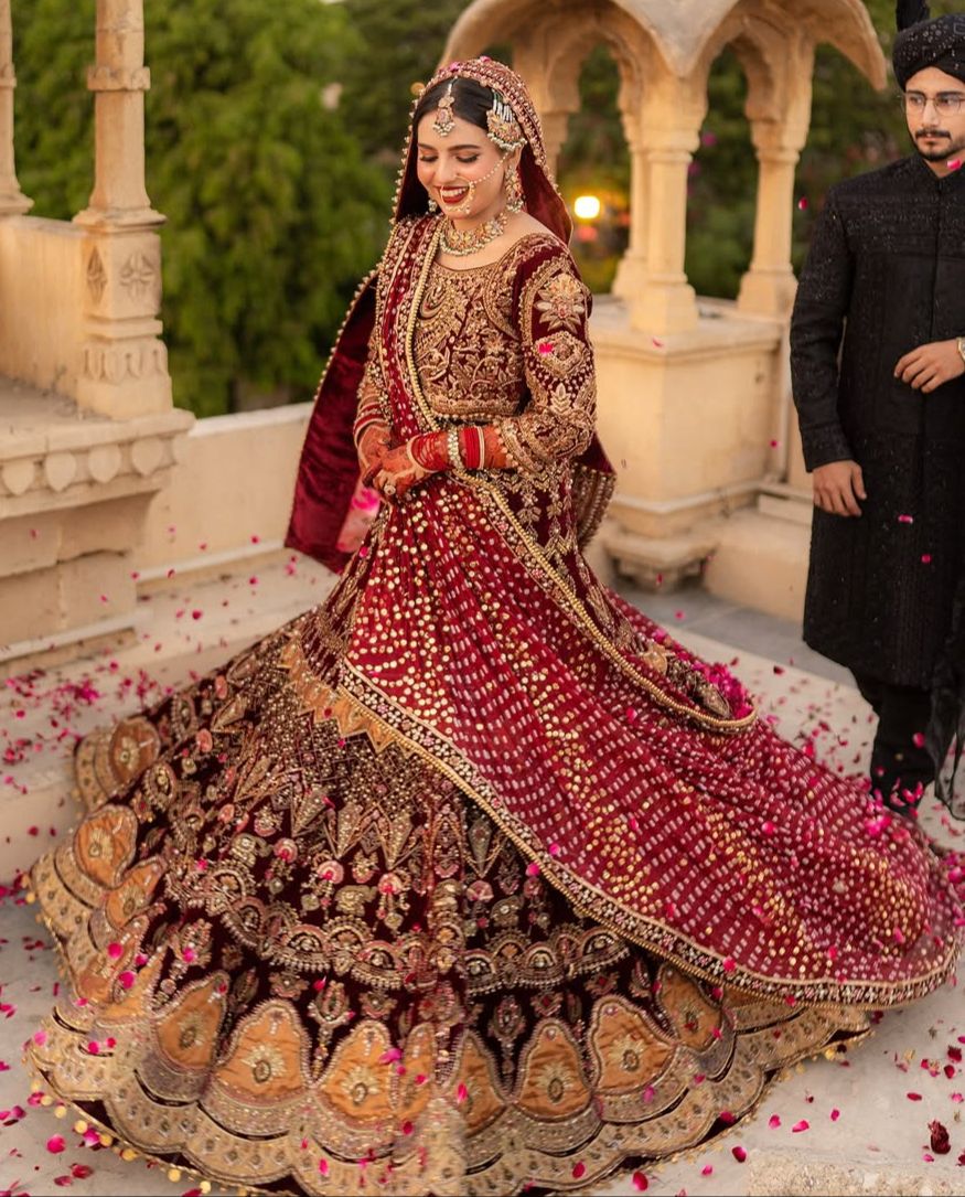 Deep Maroon Embroidered Velvet Lehenga Choli (3-Piece) - Image 4