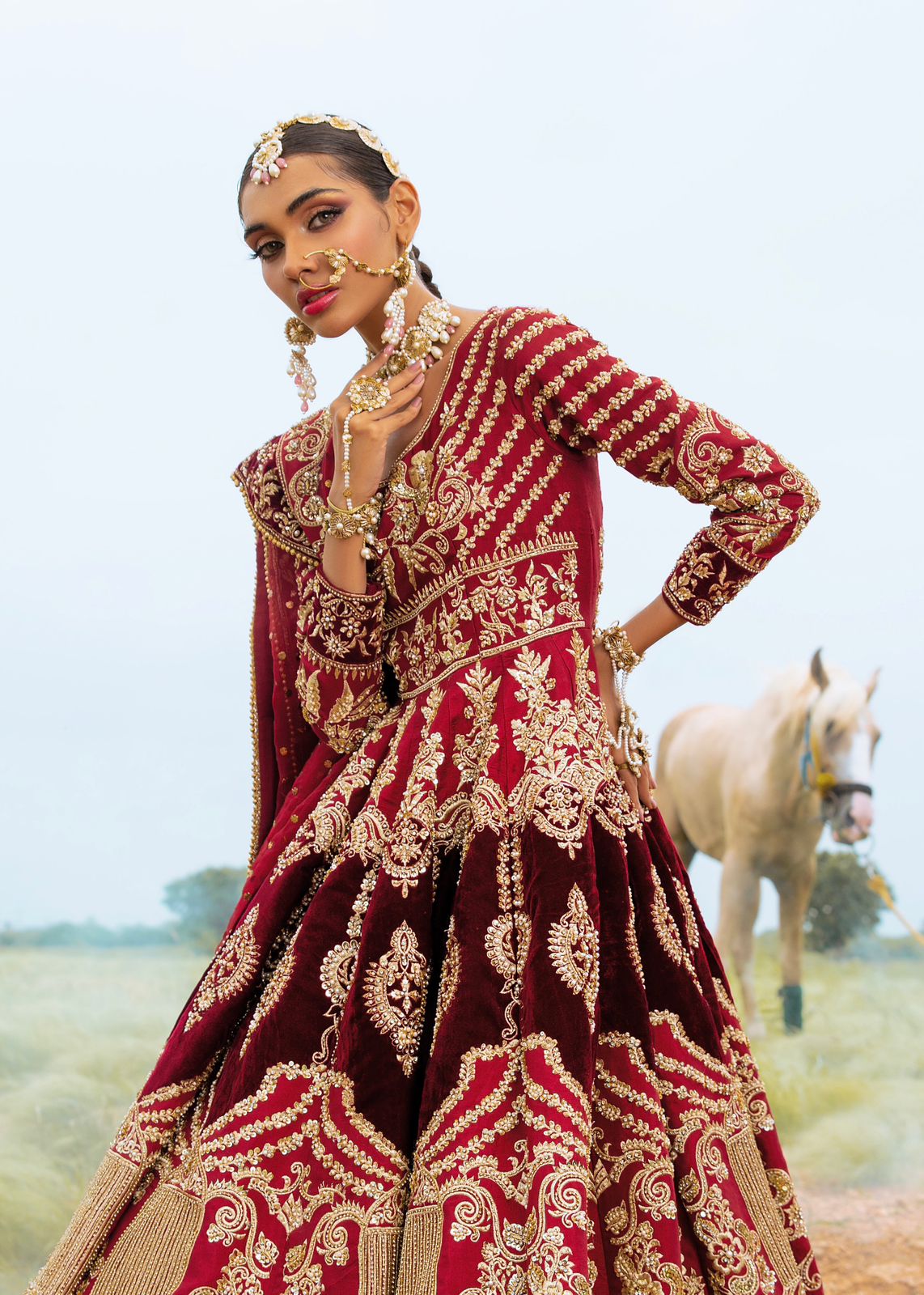 Garnet Maroon Embroidered Velvet Lehenga Set (3-Piece) - Image 1