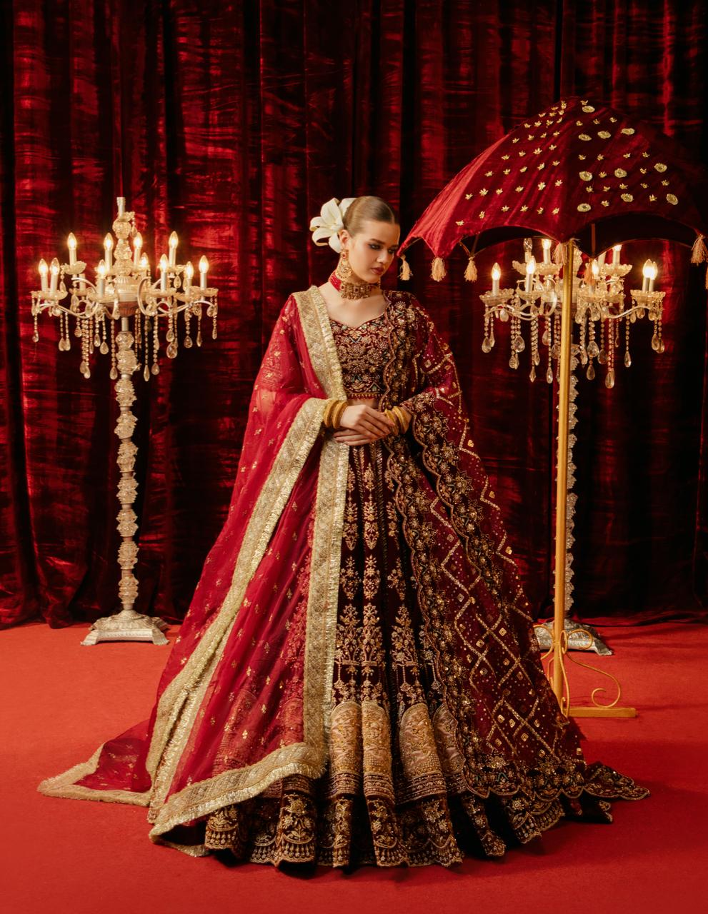 Mehroon Zardozi Velvet Bridal Lehenga (3-Piece) - Image 1