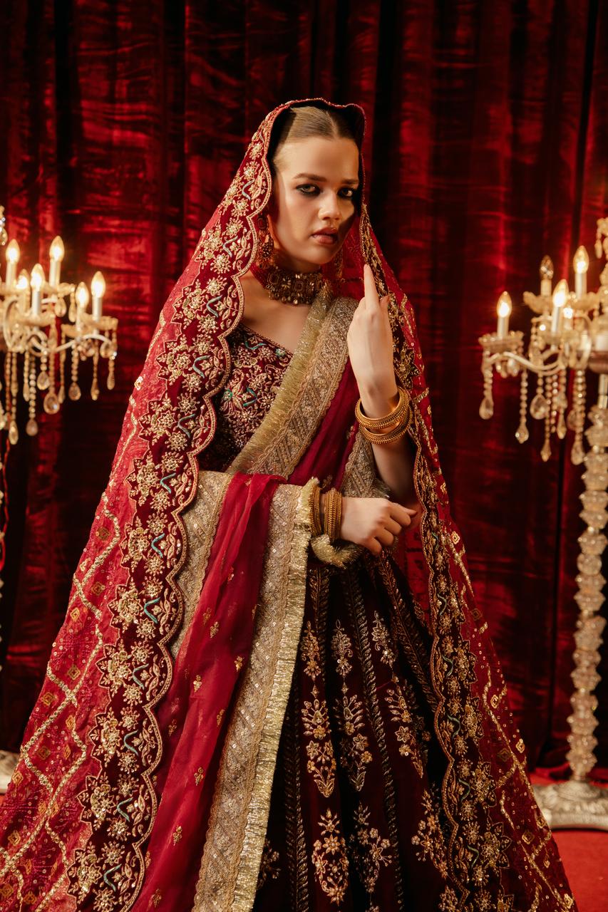 Mehroon Zardozi Velvet Bridal Lehenga (3-Piece) - Image 2