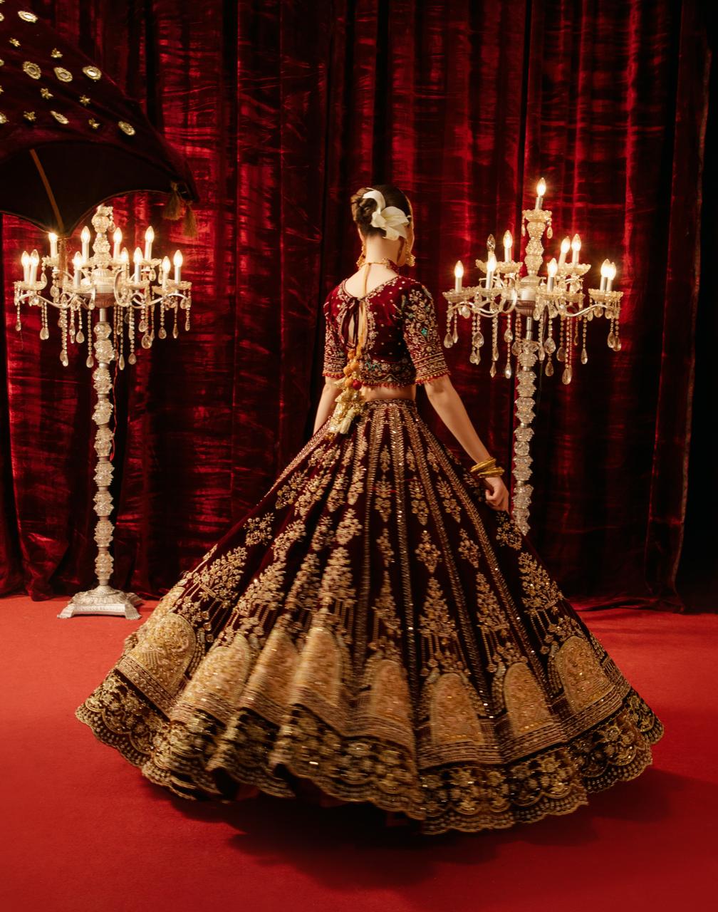 Mehroon Zardozi Velvet Bridal Lehenga (3-Piece) - Image 3