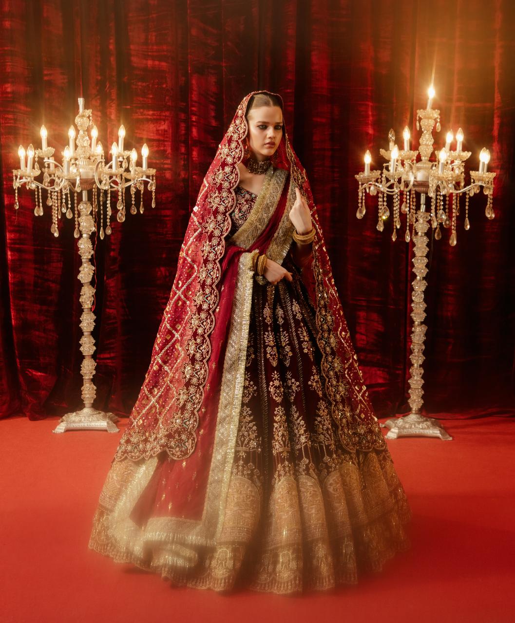 Mehroon Zardozi Velvet Bridal Lehenga (3-Piece) - Image 4