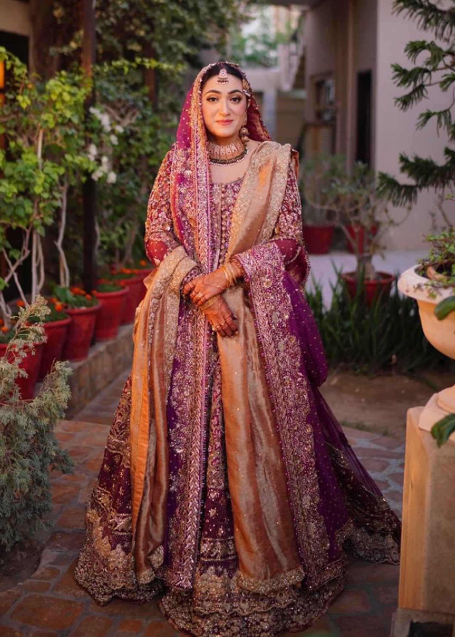 Deep Plum Gold Embellished Velvet Silk Bridal Lehenga (3-Piece) - Image 1