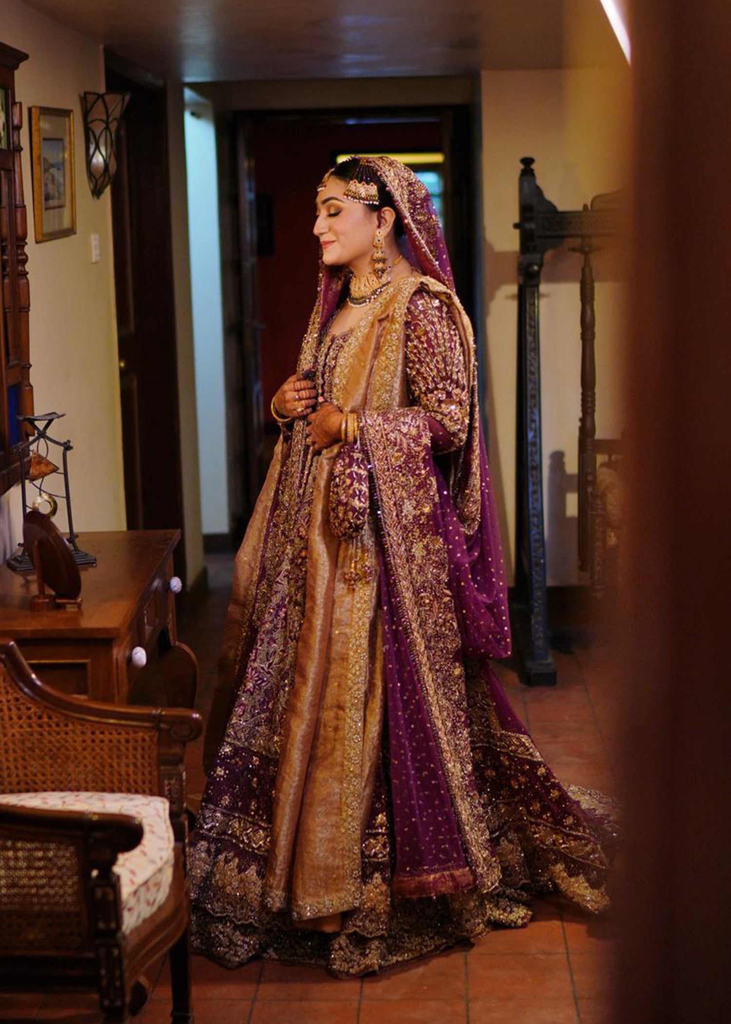 Deep Plum Gold Embellished Velvet Silk Bridal Lehenga (3-Piece) - Image 2