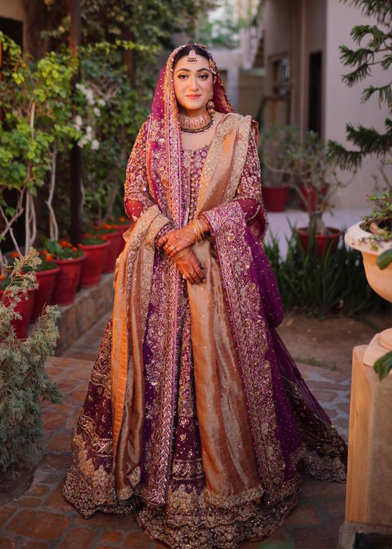 Deep Plum Gold Embellished Velvet Silk Bridal Lehenga (3-Piece) - Image 4