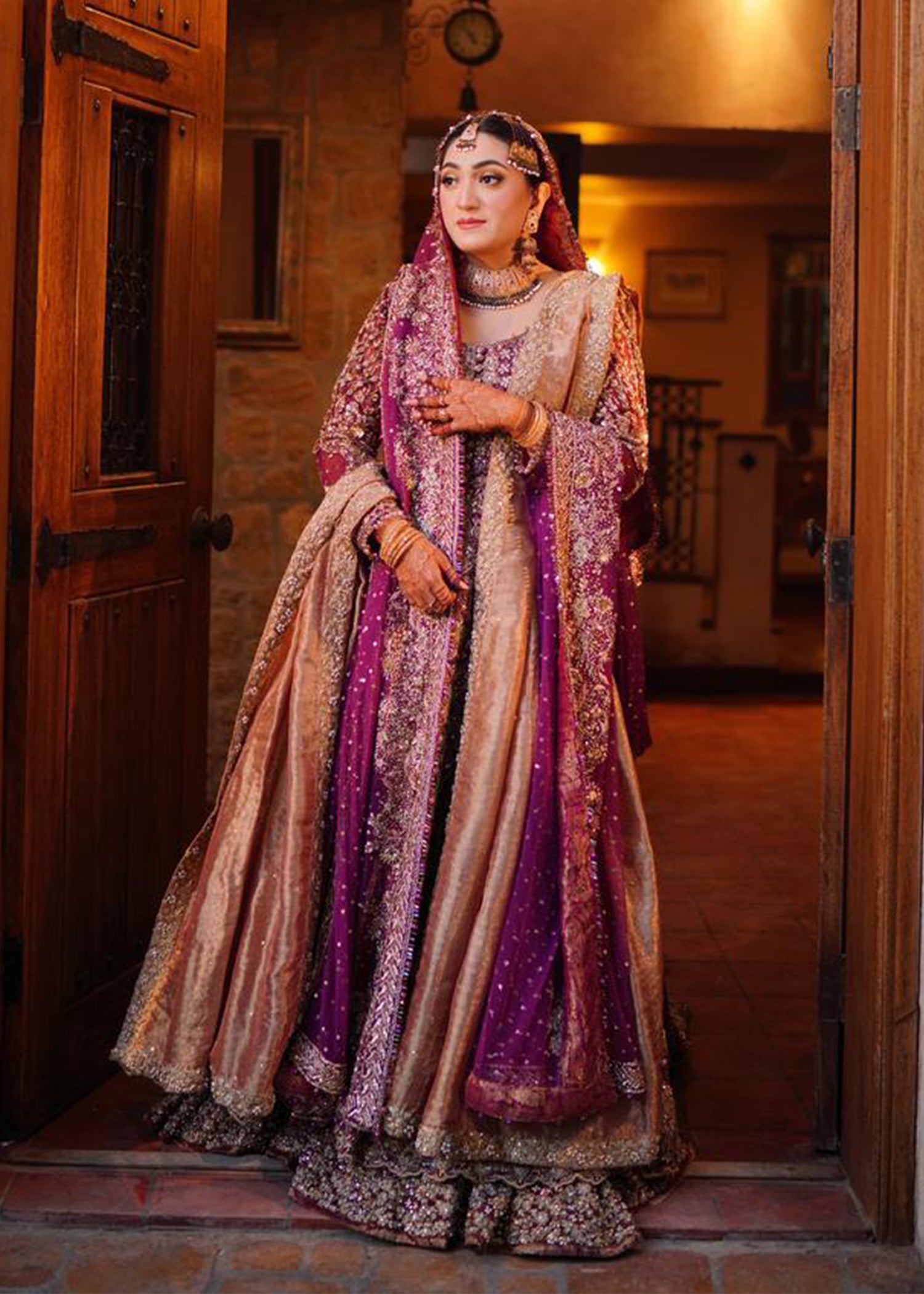 Deep Plum Gold Embellished Velvet Silk Bridal Lehenga (3-Piece) - Image 6
