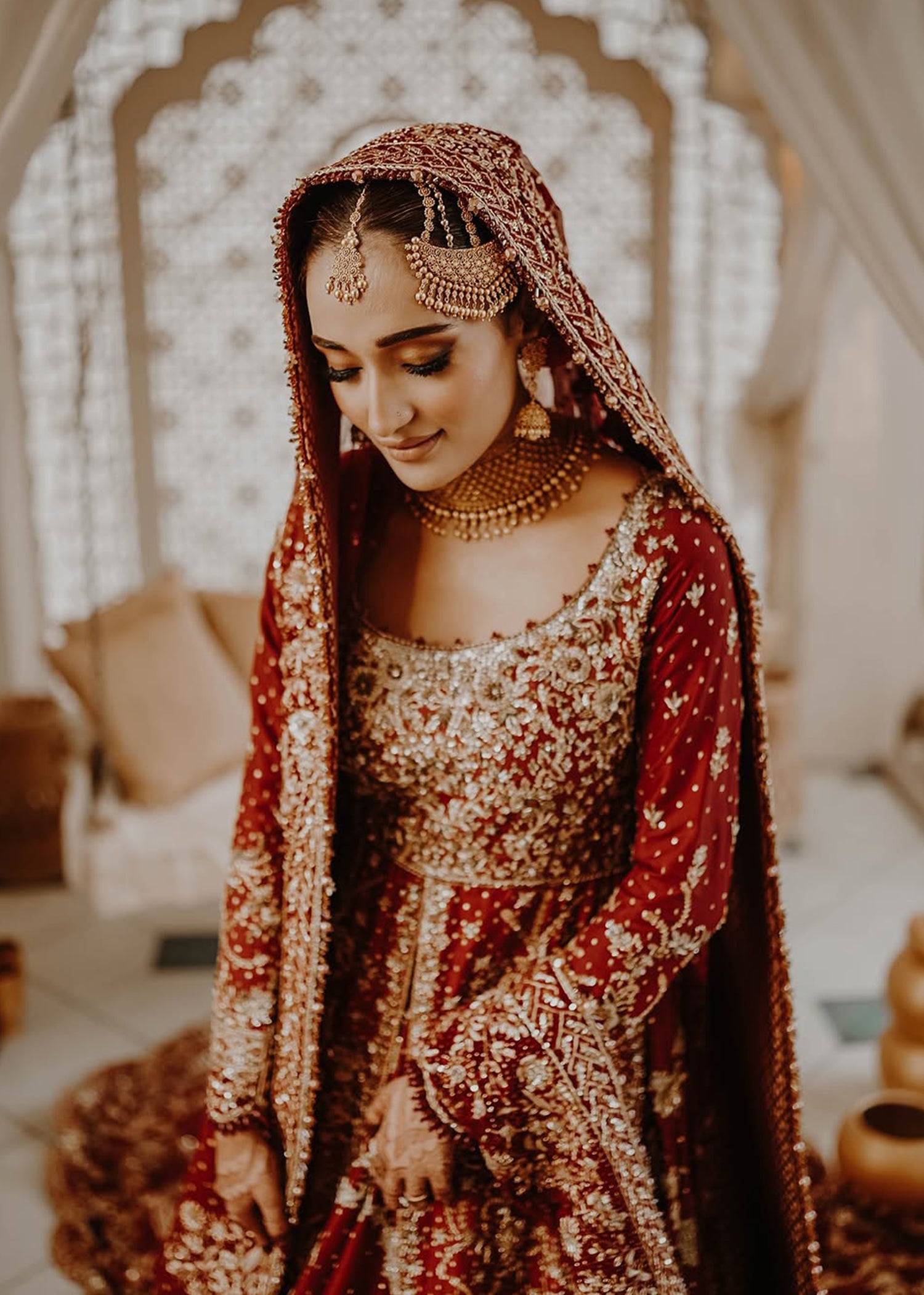 Deep Maroon Embroidered Velvet Silk Bridal Lehenga (3-Piece) - Image 1