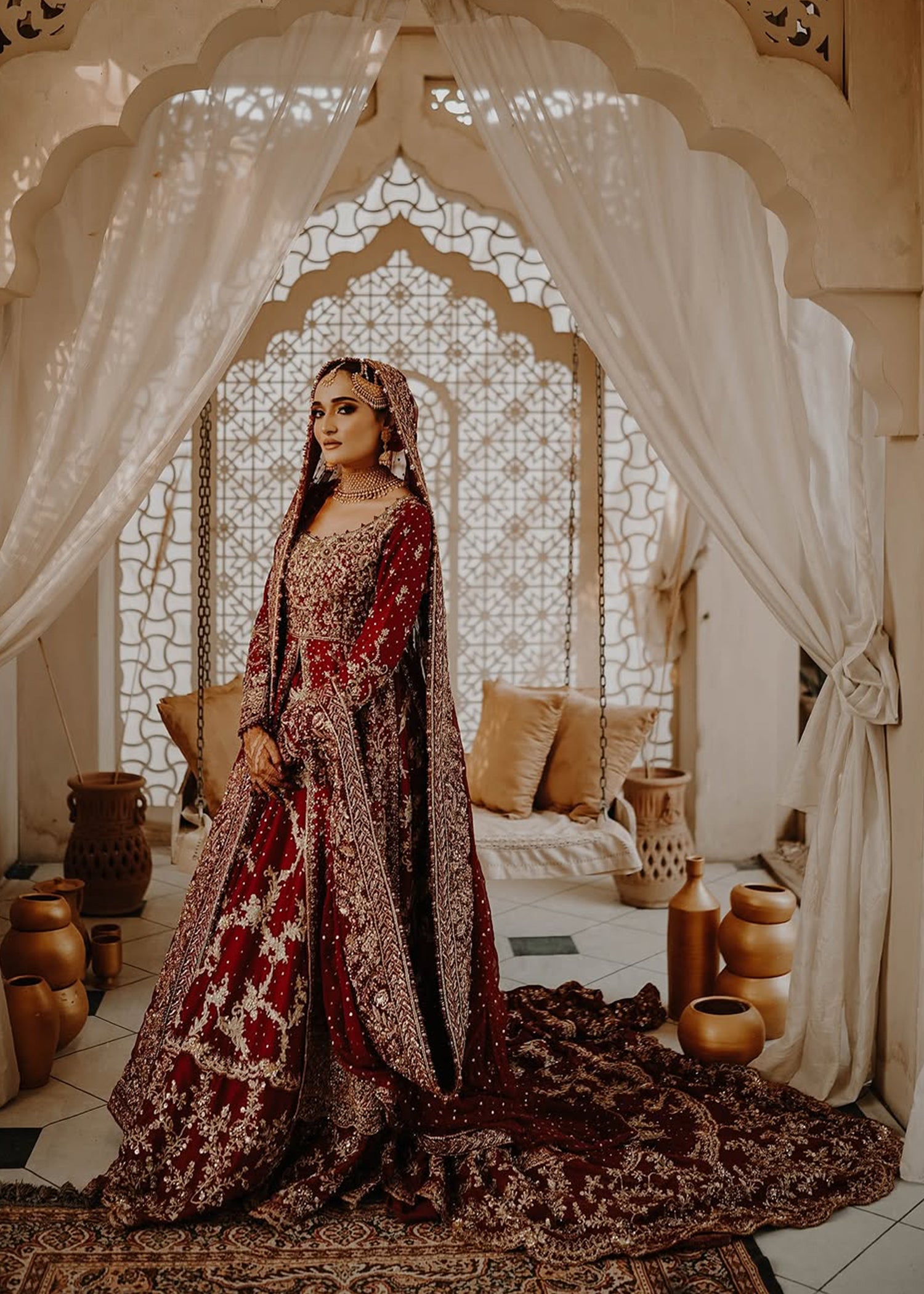 Deep Maroon Embroidered Velvet Silk Bridal Lehenga (3-Piece) - Image 2