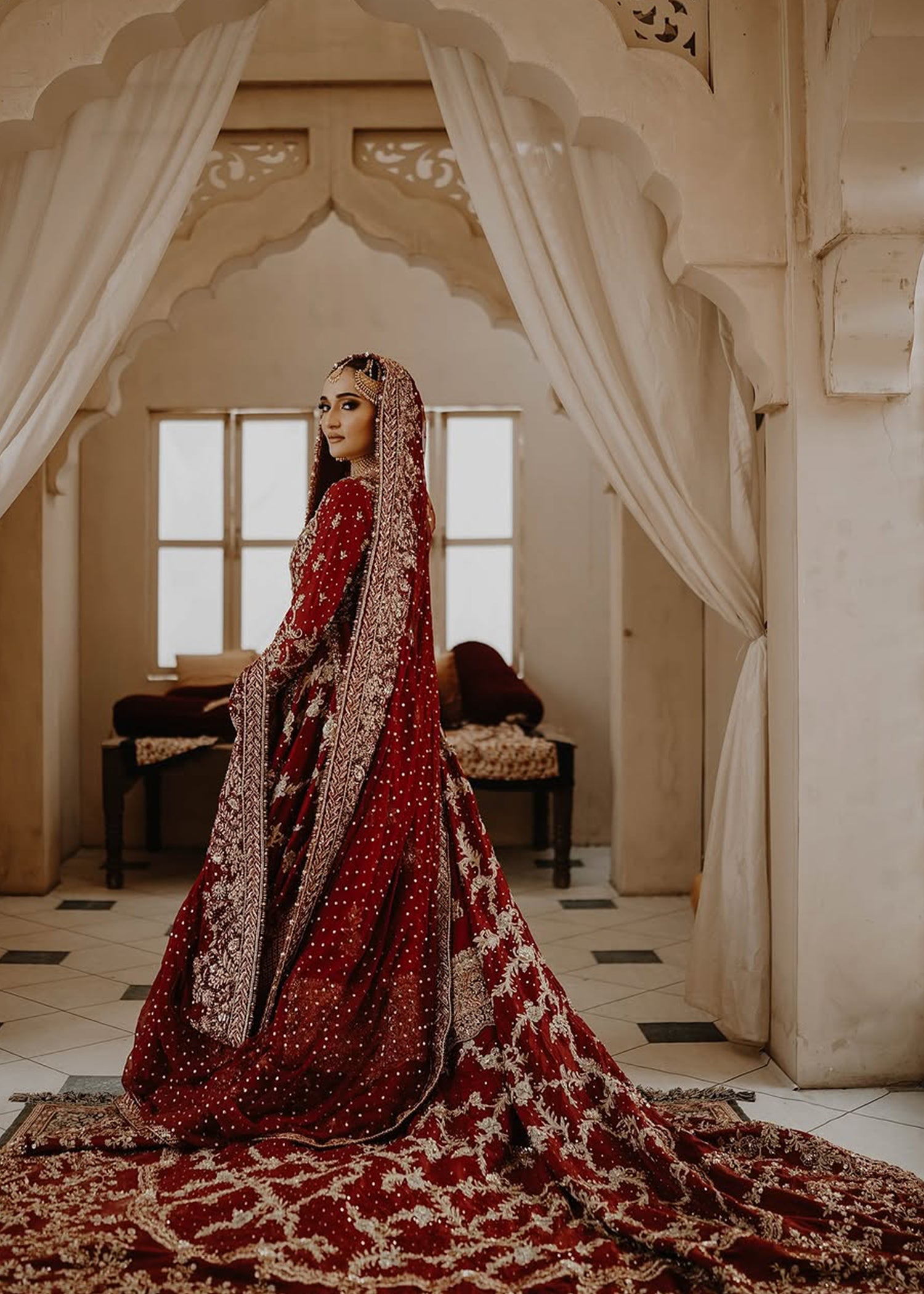 Deep Maroon Embroidered Velvet Silk Bridal Lehenga (3-Piece) - Image 3