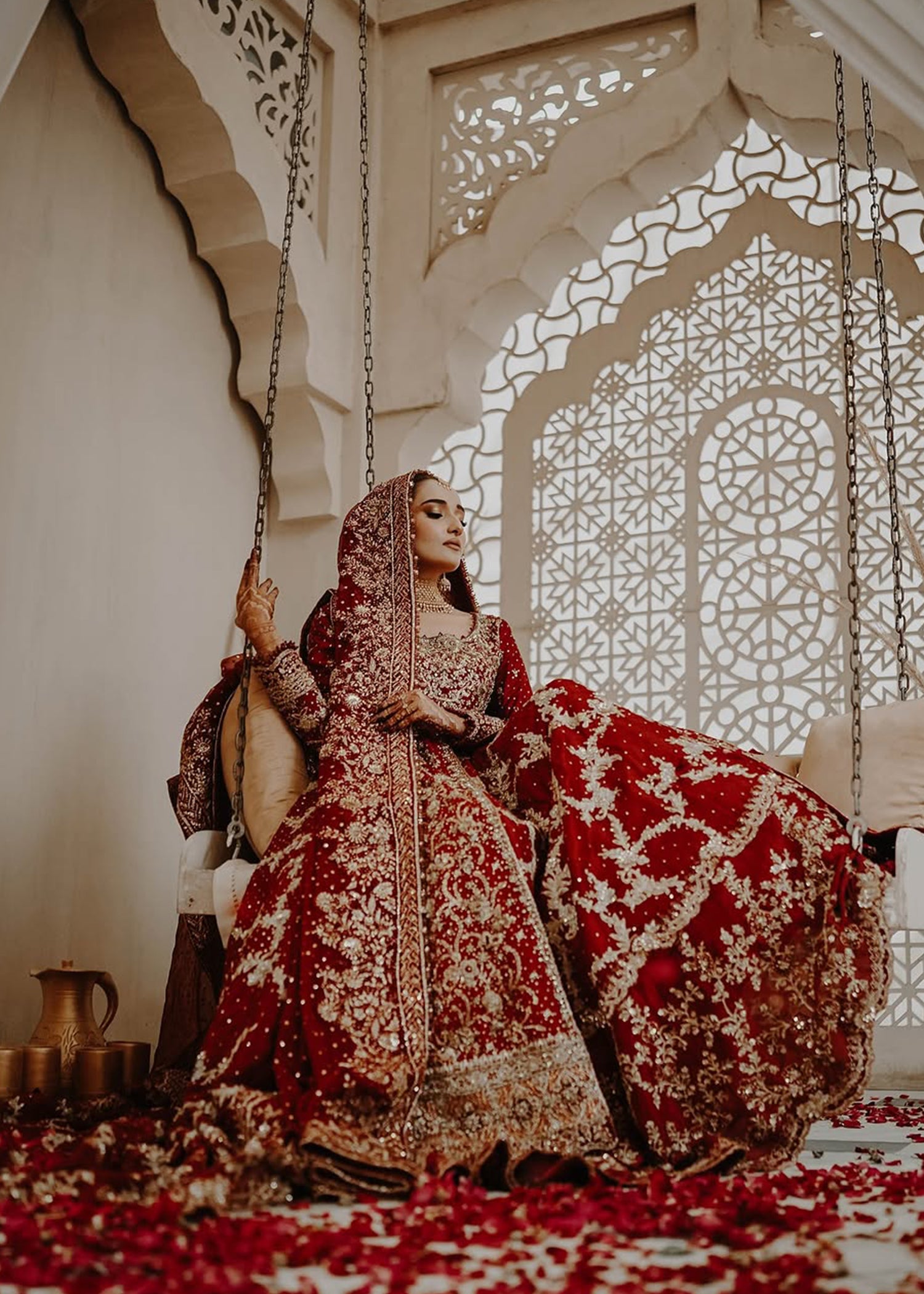 Deep Maroon Embroidered Velvet Silk Bridal Lehenga (3-Piece) - Image 4