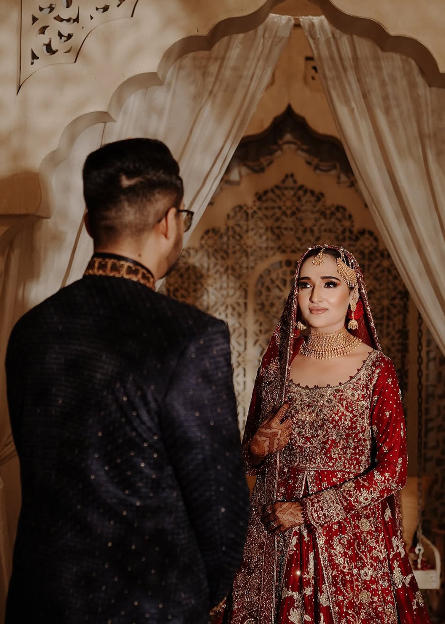 Deep Maroon Embroidered Velvet Silk Bridal Lehenga (3-Piece) - Image 5