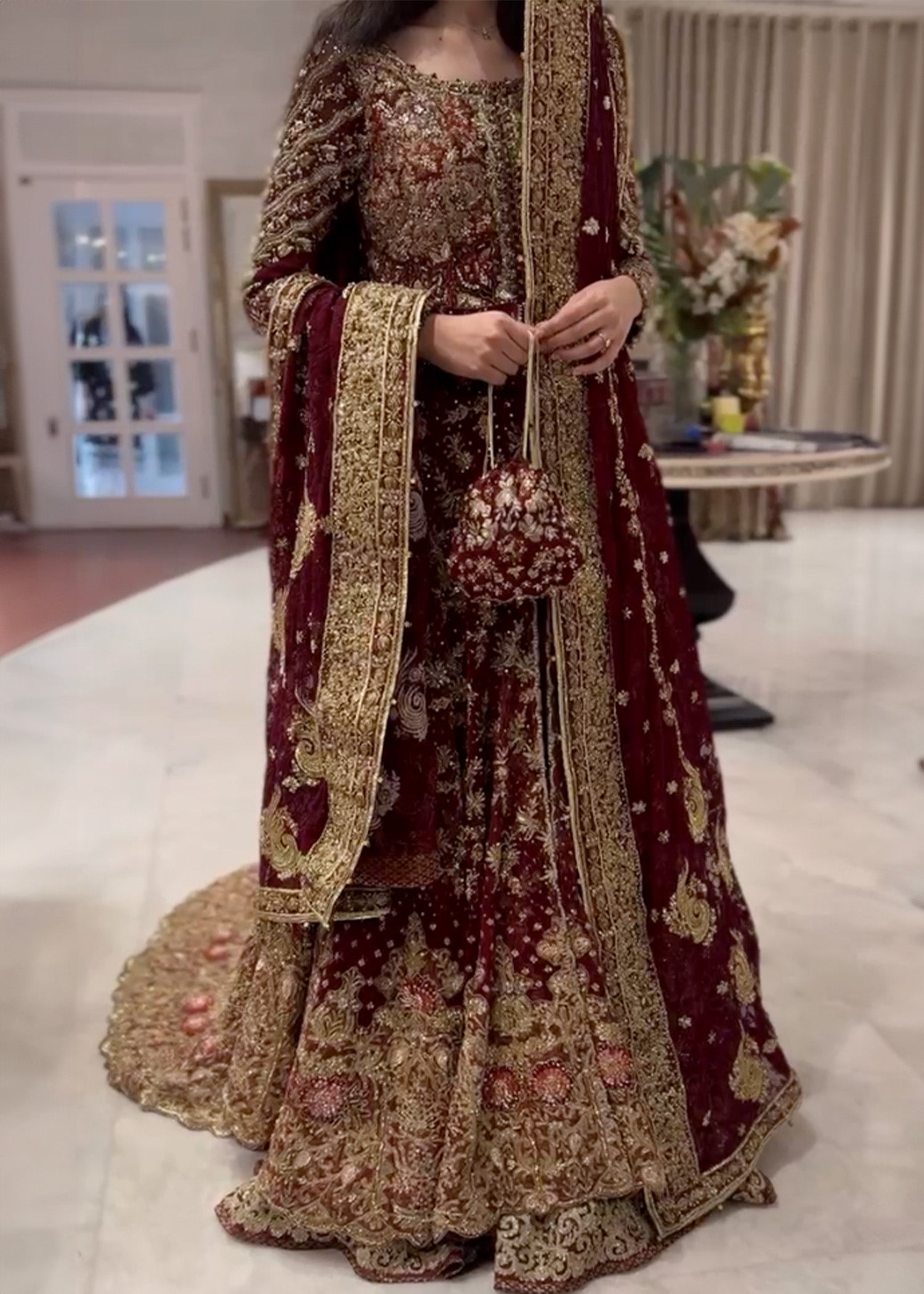 Deep Maroon Zardozi Velvet Bridal Lehenga (3-Piece) - Image 1