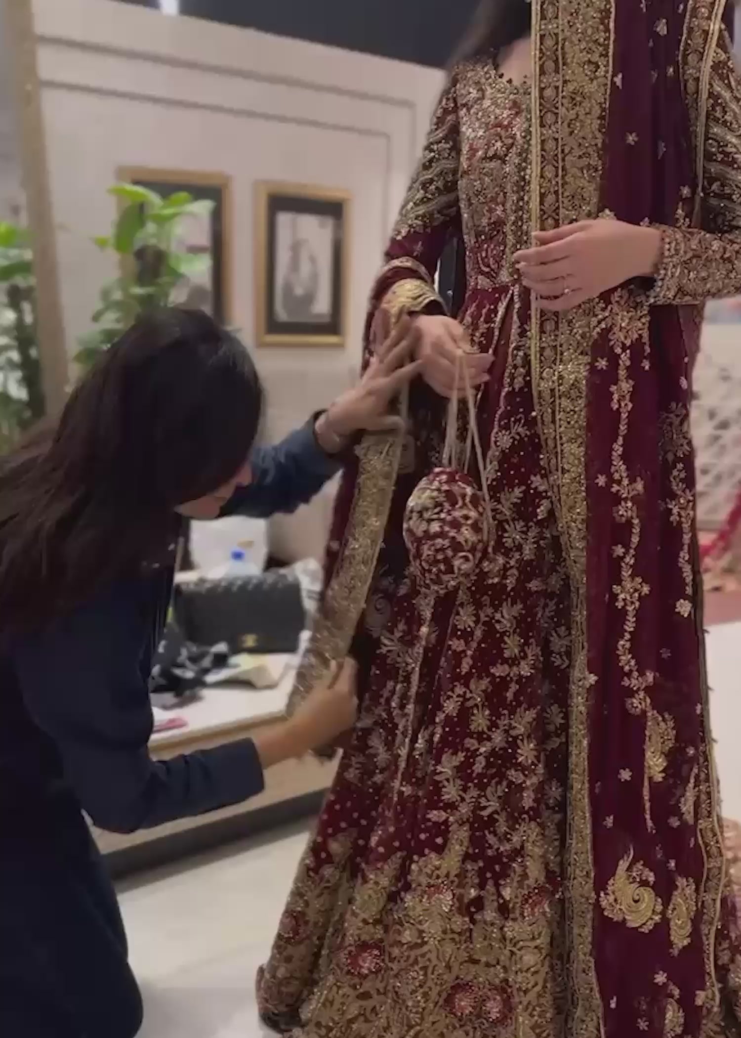 Deep Maroon Zardozi Velvet Bridal Lehenga (3-Piece) - Image 2