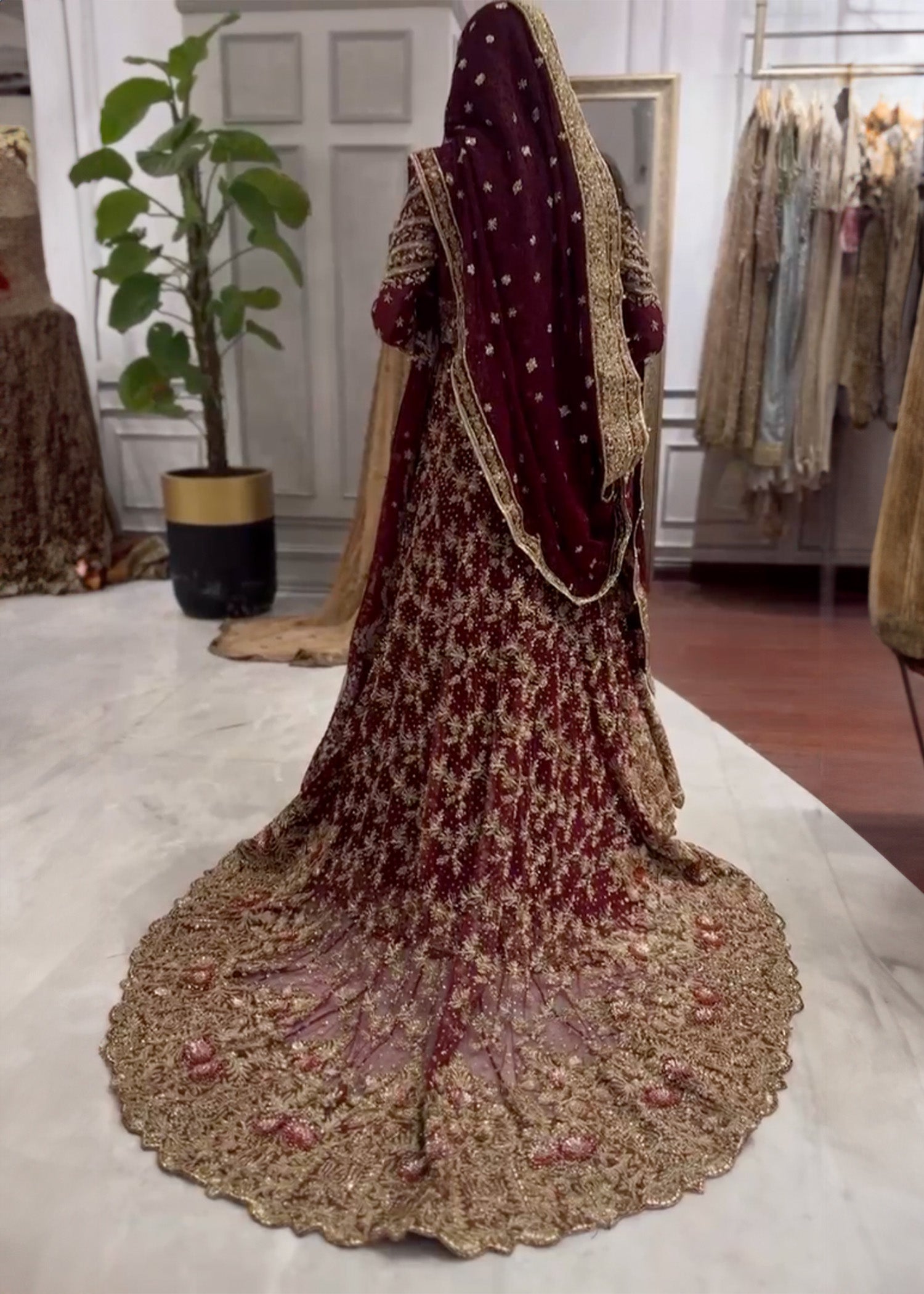 Deep Maroon Zardozi Velvet Bridal Lehenga (3-Piece) - Image 3