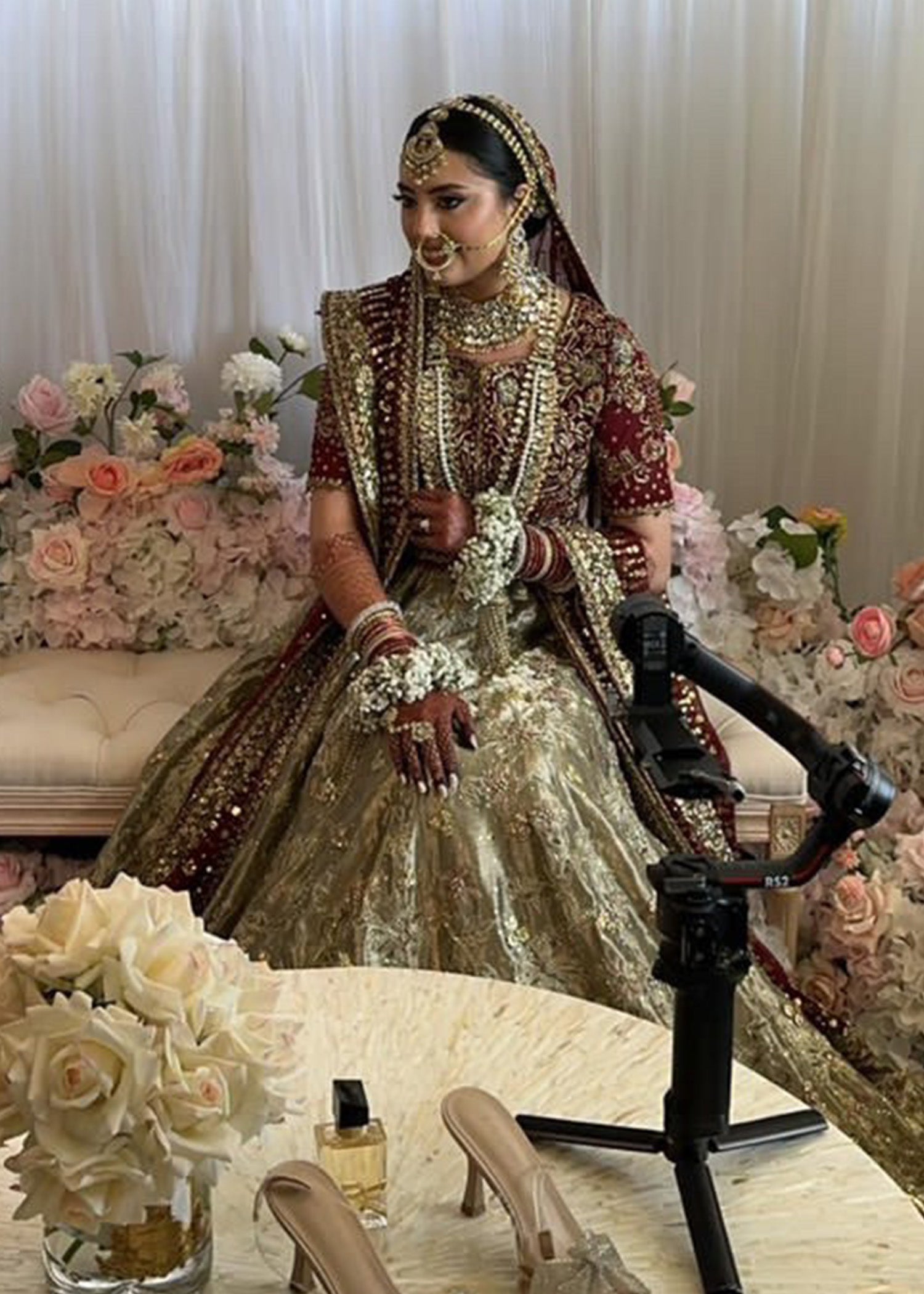 Pakistani Deep Maroon Zardozi Velvet & Brocade Bridal Lehenga (3-Piece) - Image 1