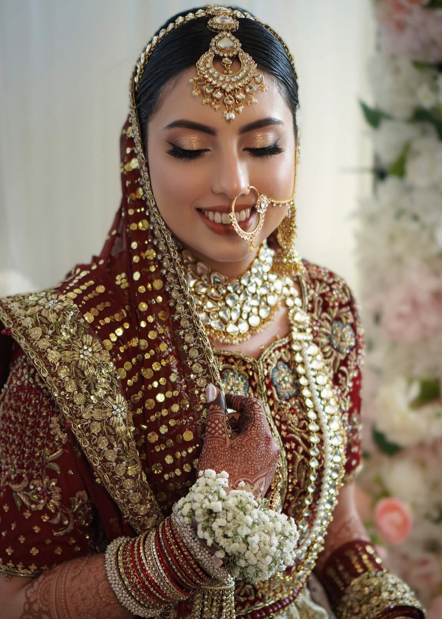 Pakistani Deep Maroon Zardozi Velvet & Brocade Bridal Lehenga (3-Piece) - Image 2