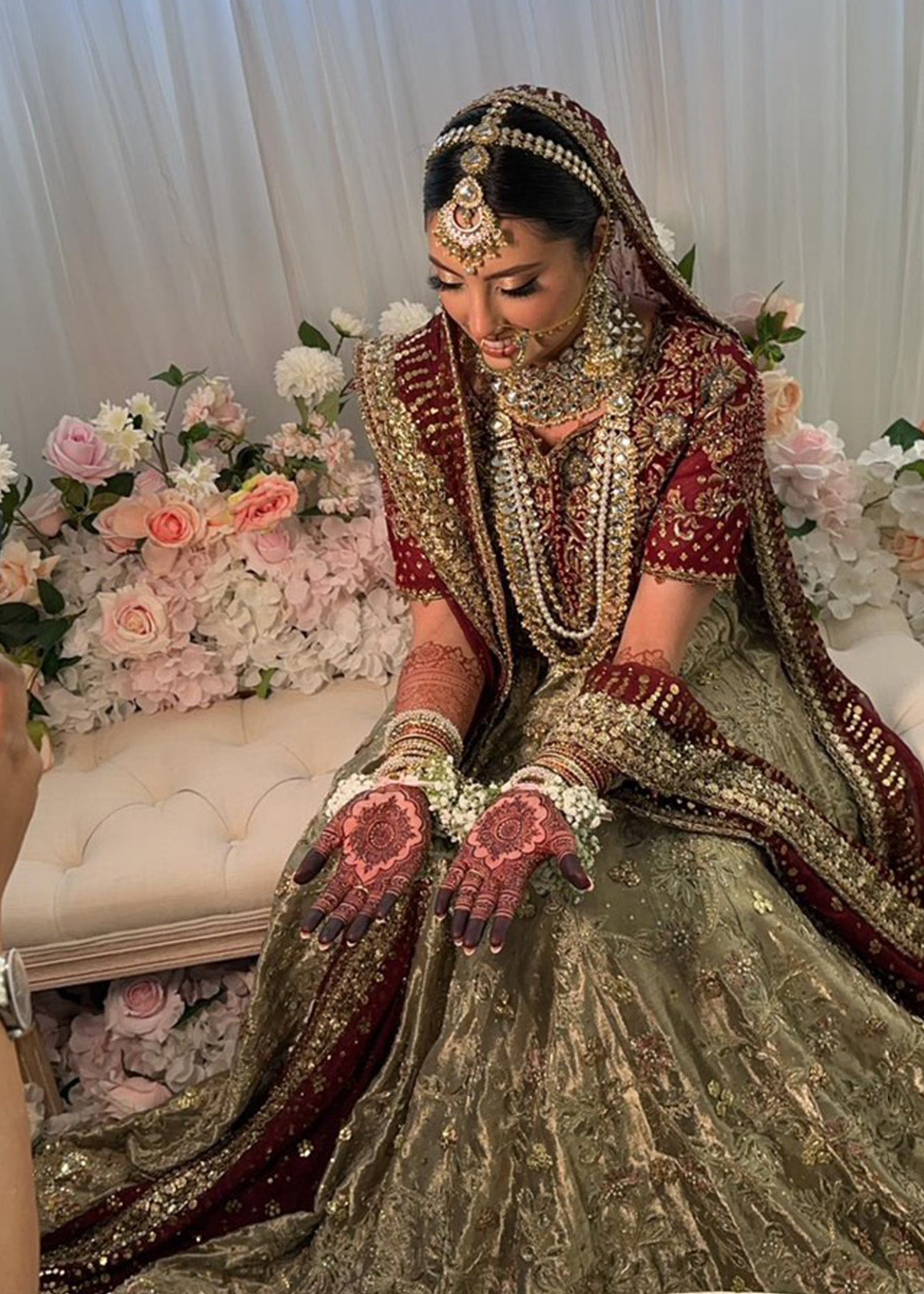 Pakistani Deep Maroon Zardozi Velvet & Brocade Bridal Lehenga (3-Piece) - Image 4