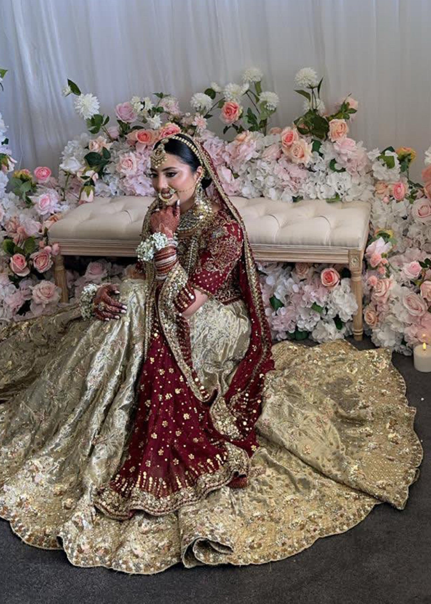 Pakistani Deep Maroon Zardozi Velvet & Brocade Bridal Lehenga (3-Piece) - Image 6