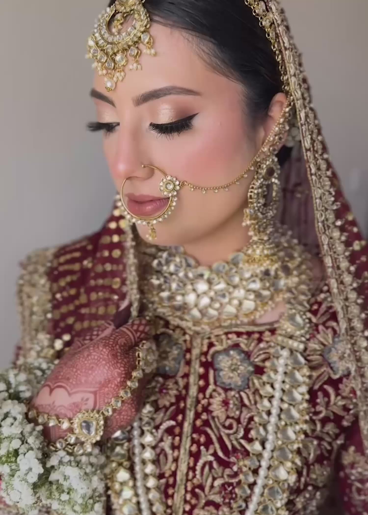 Pakistani Deep Maroon Zardozi Velvet & Brocade Bridal Lehenga (3-Piece) - Image 7