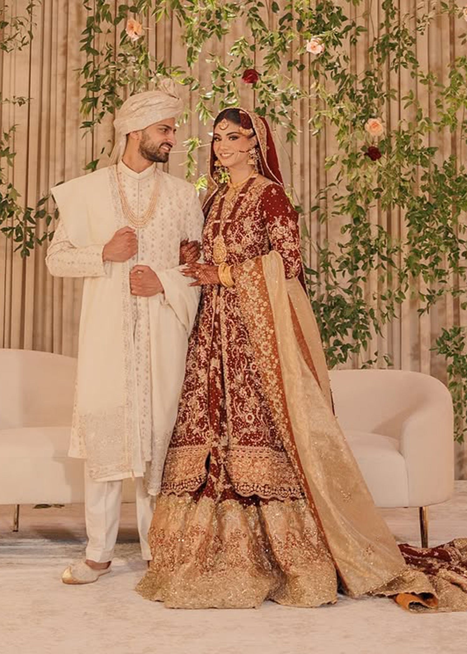 Pakistani Deep Maroon Zardozi Velvet Bridal Lehenga (3-Piece) - Image 2