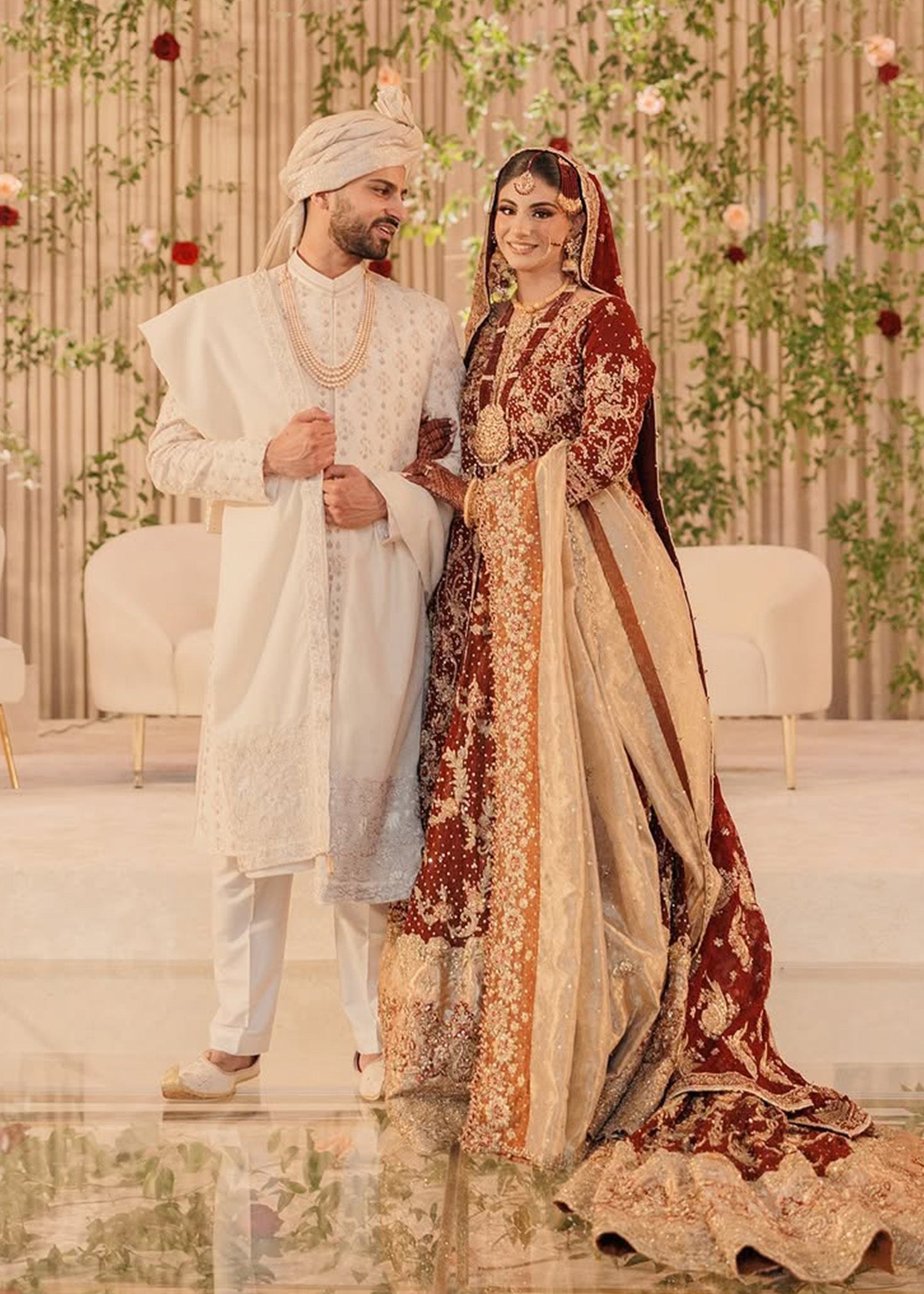 Pakistani Deep Maroon Zardozi Velvet Bridal Lehenga (3-Piece) - Image 3