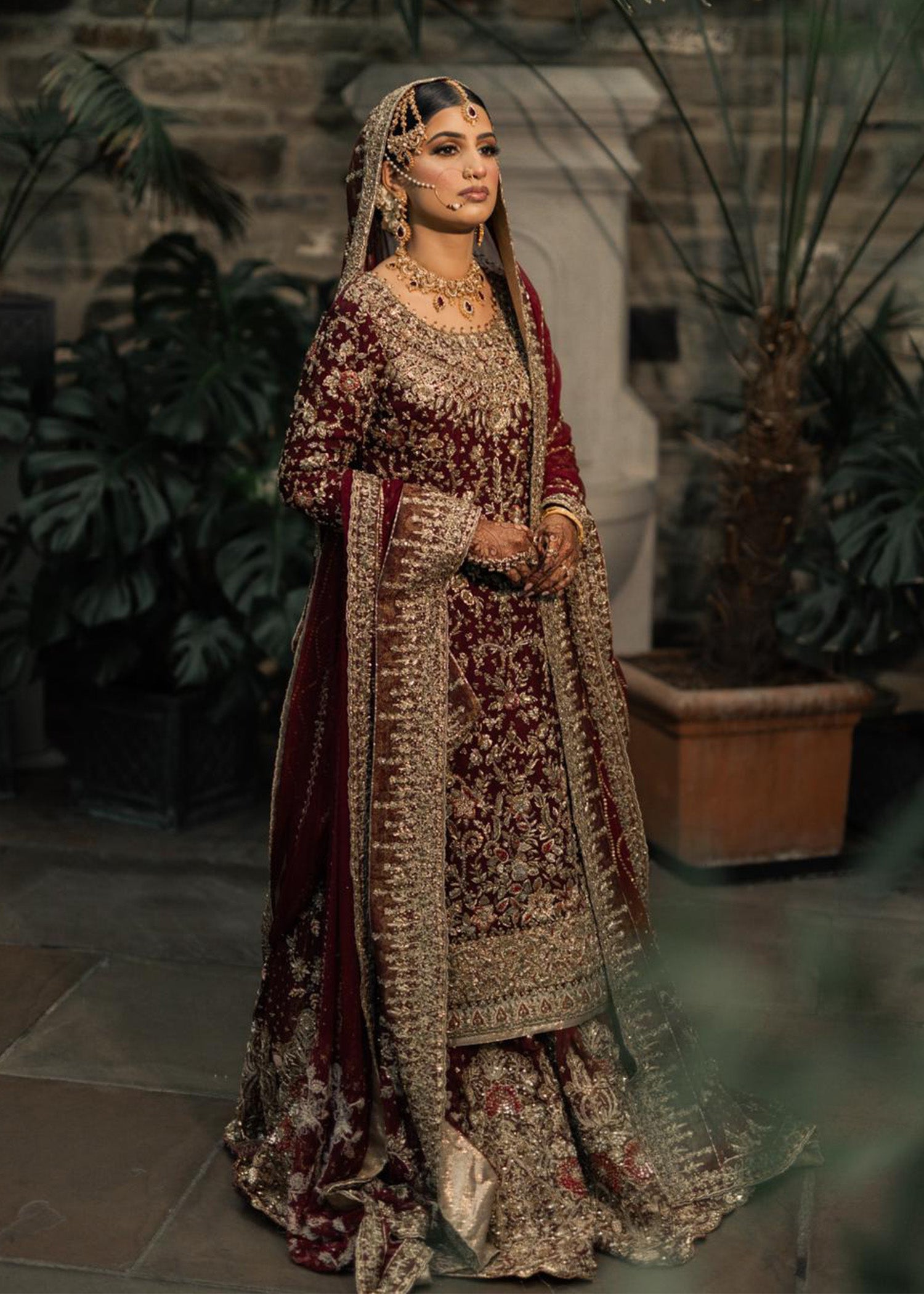 Pakistani Deep Maroon Zardozi Velvet Bridal Lehenga (3-Piece) - Image 1